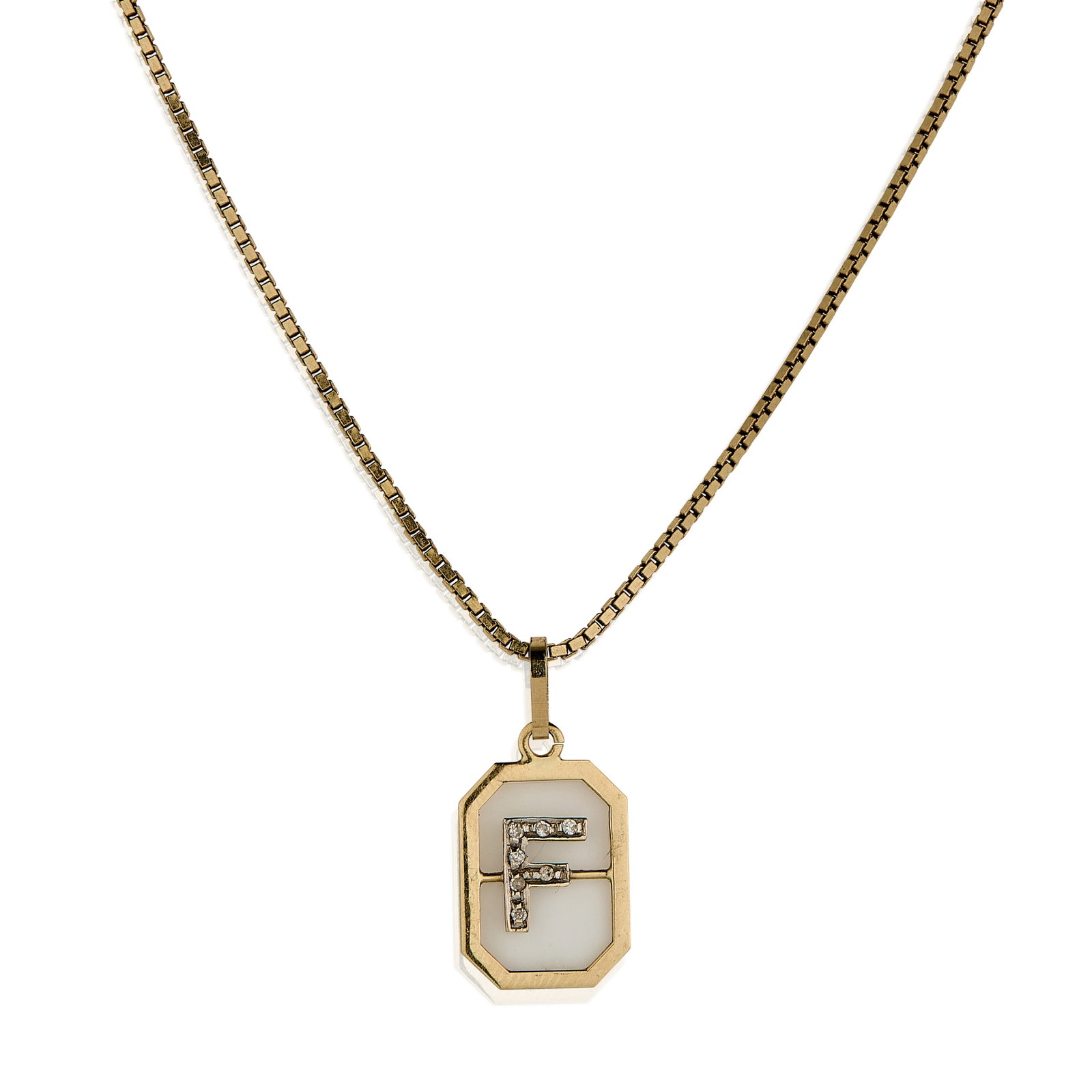 A gold pendant on chain,: A gold pendant on chain, the initial F pendant set with single cut diamonds, stamped 750, suspended by a 9ct gold Venetian box link chain, hallmarked 375, London import mark (Chain length 38.5cm;