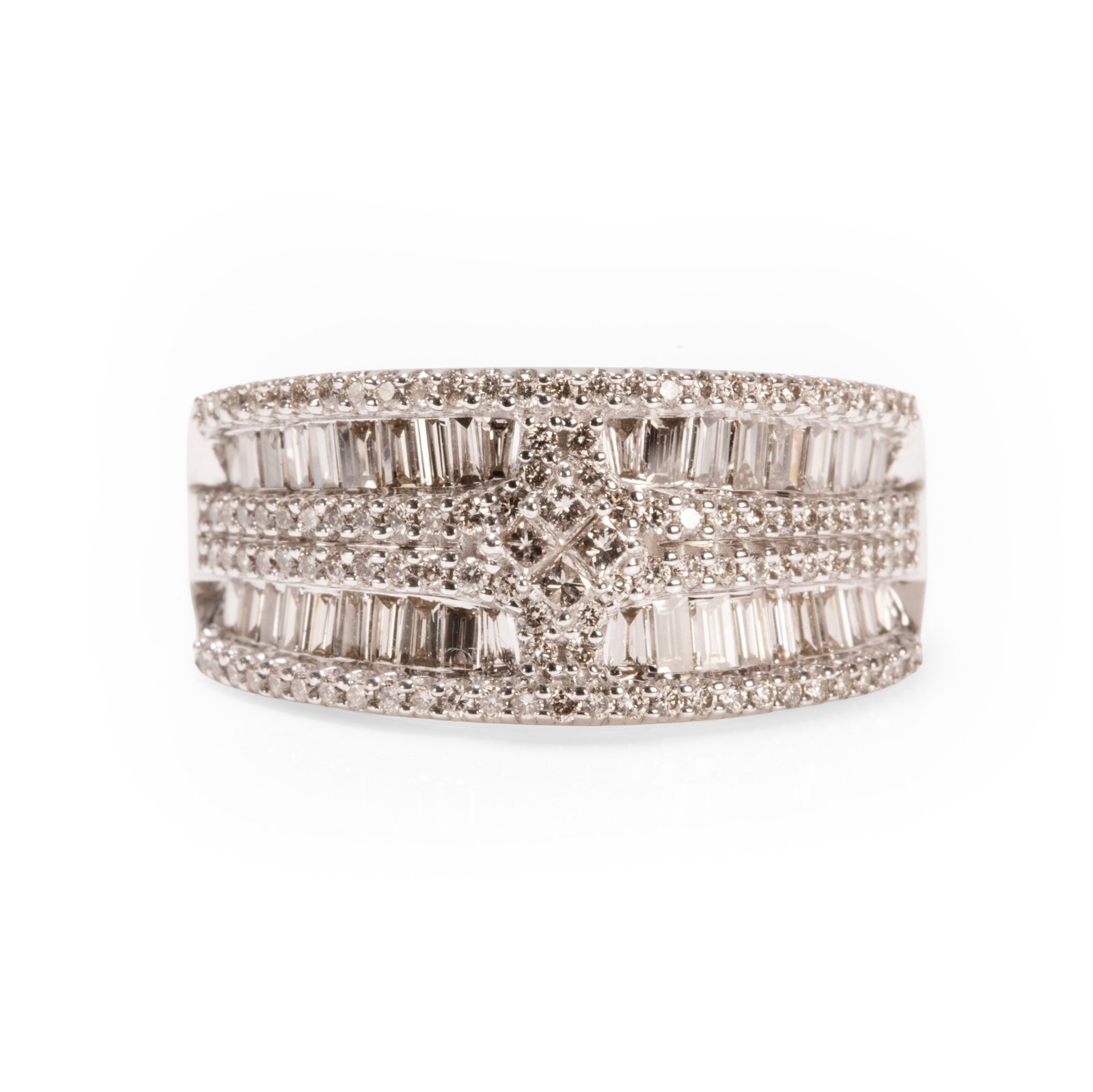 A 9ct white gold diamond ring,: A 9ct white gold diamond ring, half hoop set with rows of baguette cut diamonds within borders of round brilliant cut diamonds, with a diamond quatrefoil to the centre, hallmarked London 2021, total