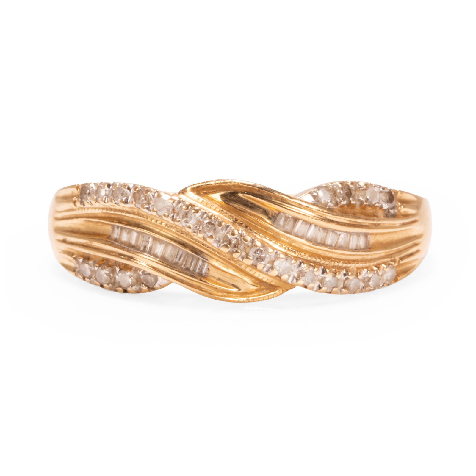 A wave design diamond ring,: A wave design diamond ring, set with single cut and baguette cut diamonds in crossover lines, stamped 14k, engraved to hoop 'Forever' (Ring size RΩ; 2.6g) Footnote: Buying this diamond ring at