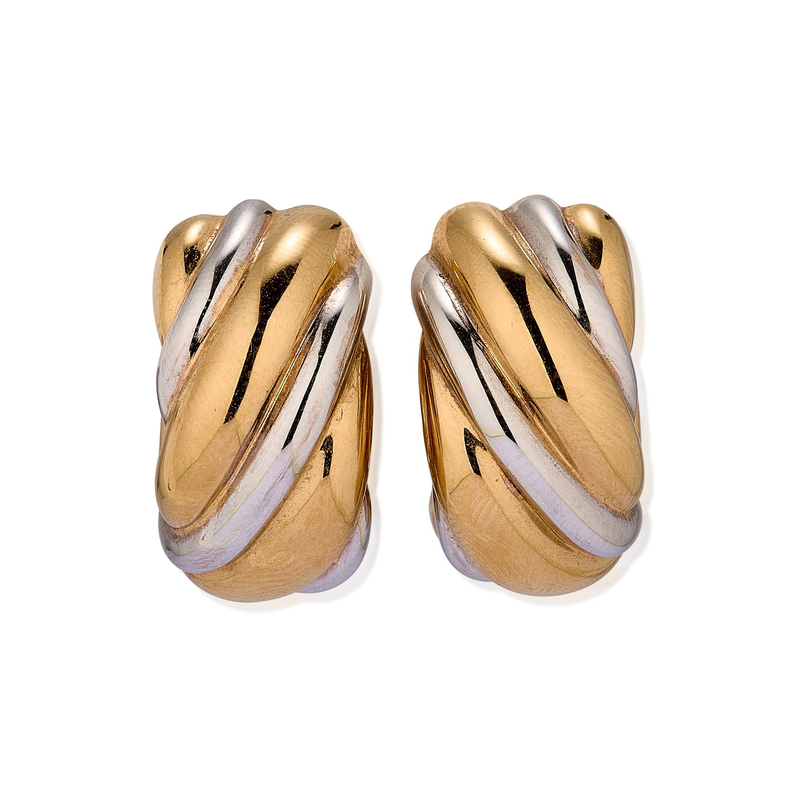 A pair of 18ct gold bi-colour twisted hoop earrings,: A pair of 18ct gold bi-colour twisted hoop earrings, composed of alternating polished and black rhodium plated rope twisted bands with hinged pin and clip fitting, hallmarked London 750 1995 (Length 2