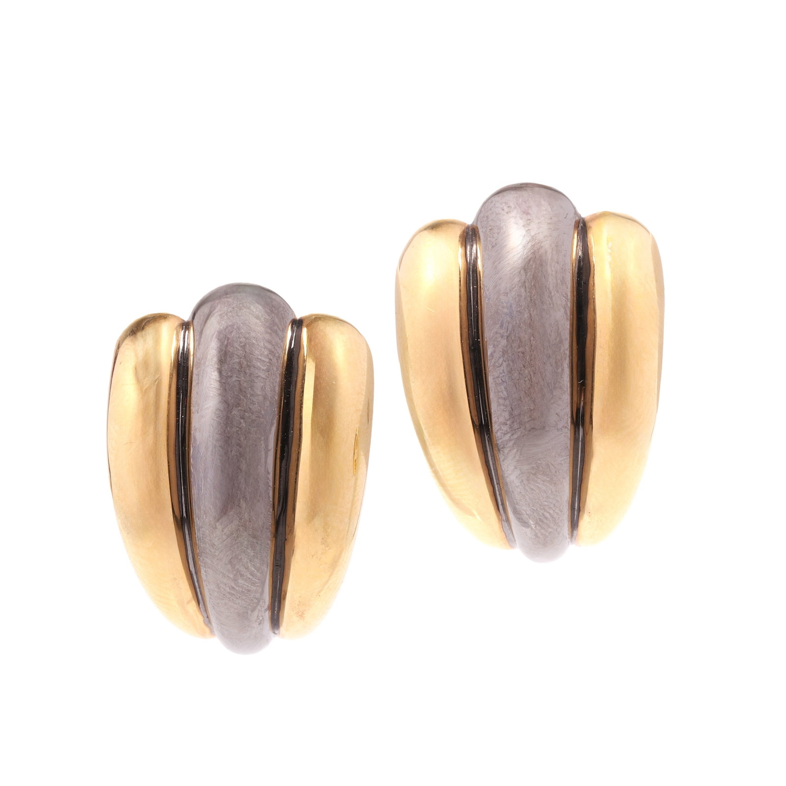 A pair of 18ct gold bi-colour earrings,: A pair of 18ct gold bi-colour earrings, of tapered form in three fluted sections with black rhodium plating and pin and hinged clip fittings, hallmarked London 750 1995 (Length 2.5cm; 5.1g) Condition 