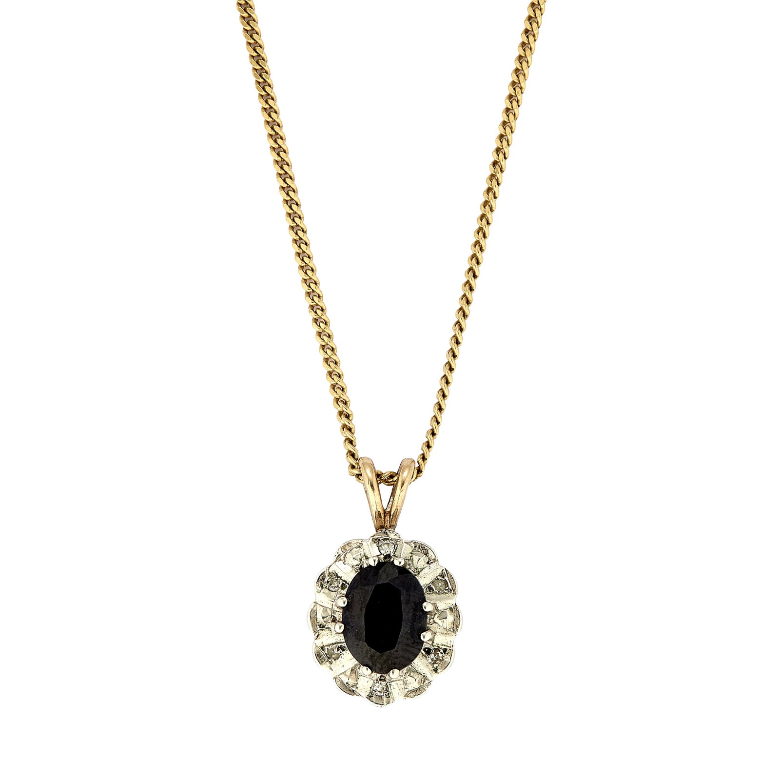 A 9ct gold sapphire cluster pendant and chain,: A 9ct gold sapphire cluster pendant and chain, the oval mixed cut sapphire claw set to a surround of six single cut diamonds alternating with raised illusion settings to a split bail, hallmarked Londo