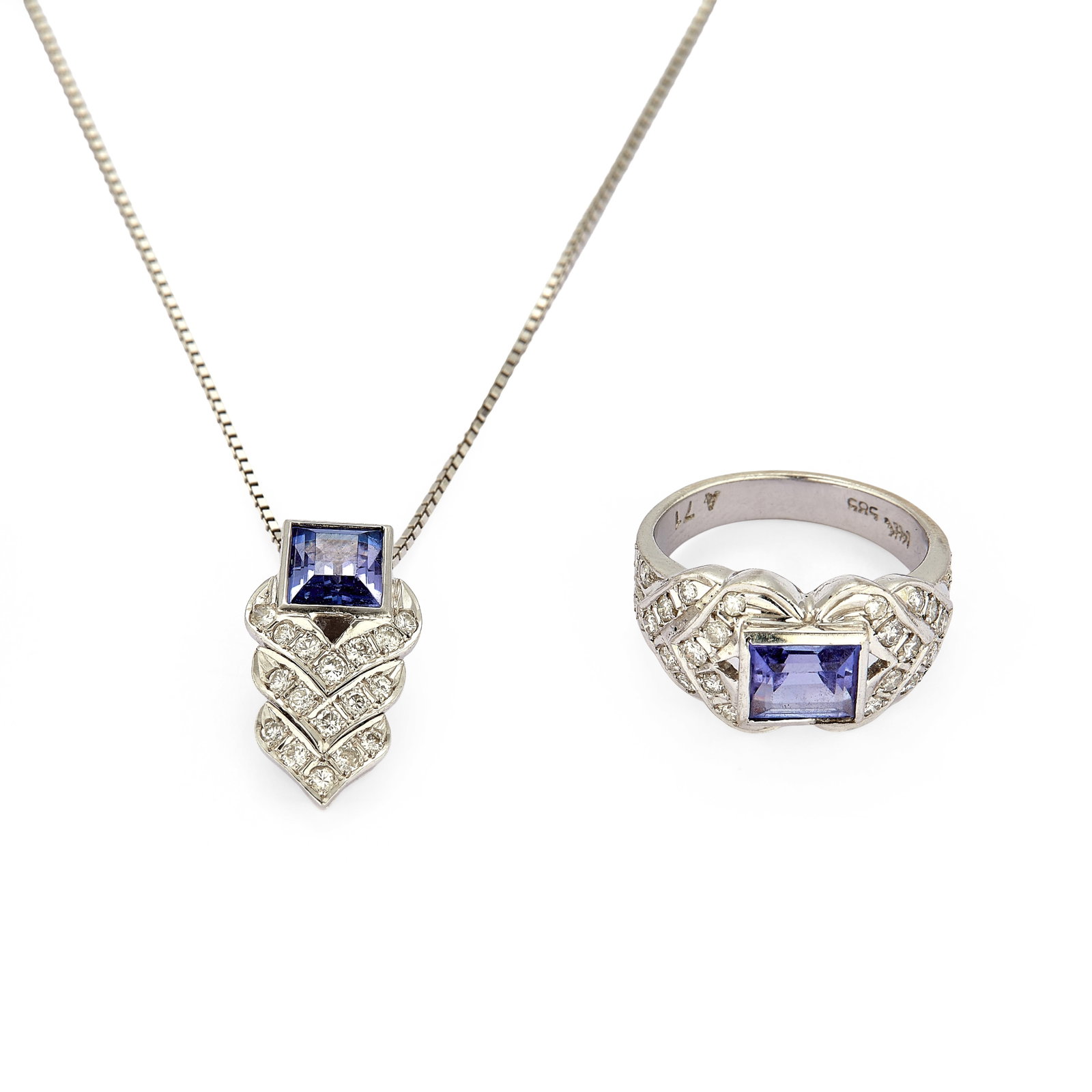 A tanzanite and diamond ring and pendant set,: A tanzanite and diamond ring and pendant set, comprising a ring collet set with a rectangular step cut tanzanite, flanked by stepped shoulders set with round brilliant cut diamonds; together with a pe