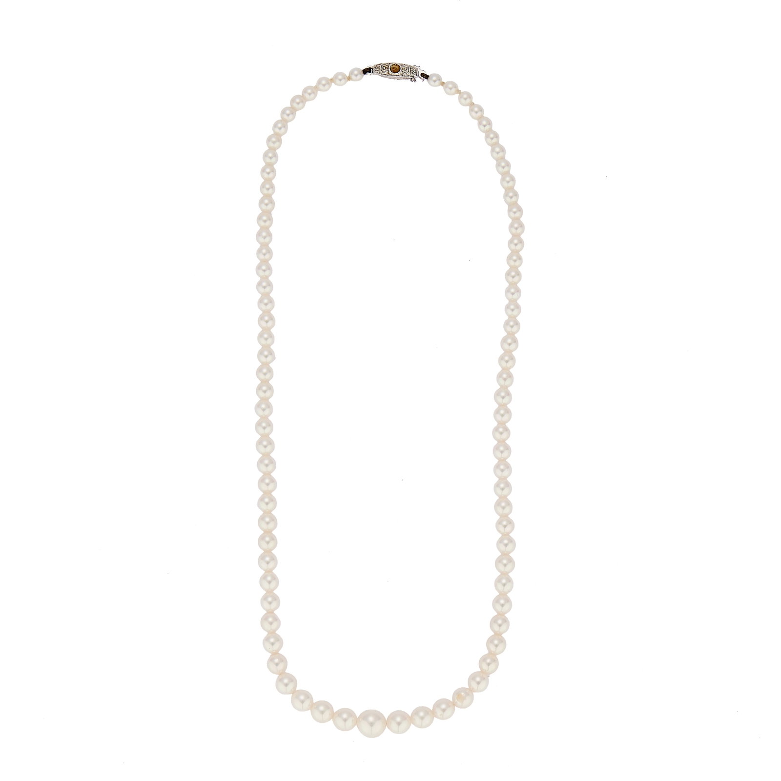 A graduated cultured pearl necklace,: A graduated cultured pearl necklace, comprising a single row of graduated round cultured pearls, approximately 3.70 to 7.20mm, threaded plain to a replacement Continental clasp stamped 830. With Mikim