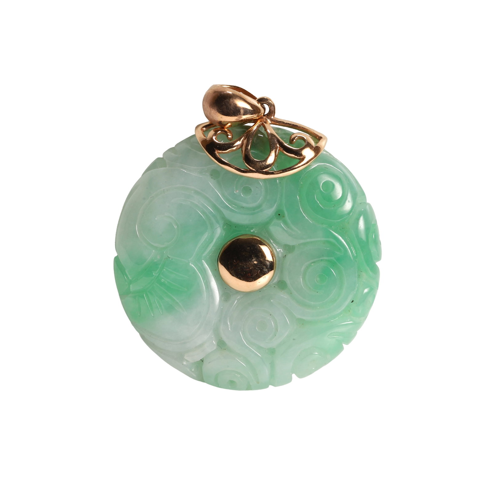 A jade Bi disc pendant,: A jade Bi disc pendant, the jade disc carved with a spiralling motif, to a yellow metal centre and bail, stamped 18k and tested as approximately 18ct gold (Disc diameter 2.3cm; 7.9g) Condition Report: