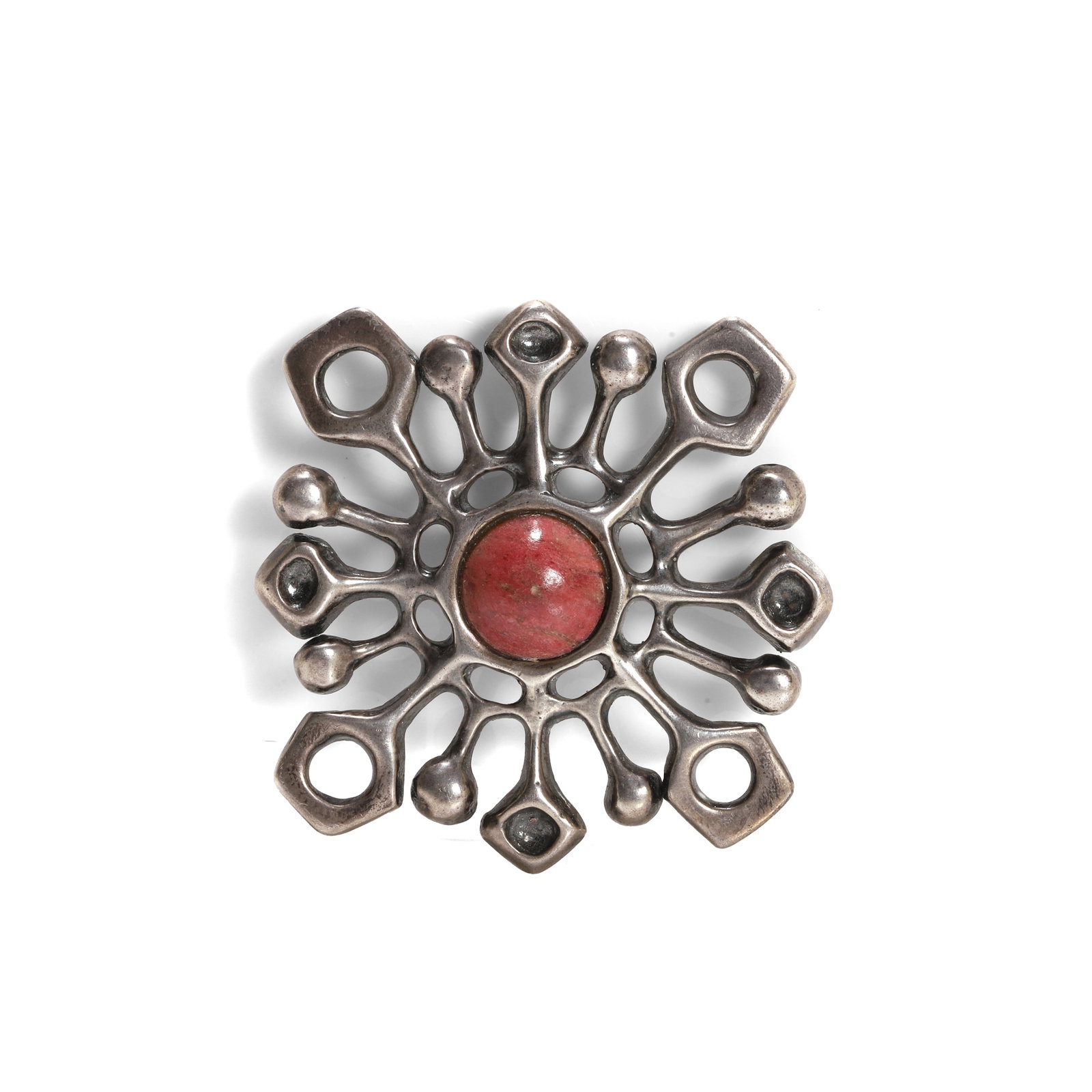 Unn Tangerud for Uni David-Andersen, a silver Snow Crystal brooch/pendant,: Unn Tangerud for Uni David-Andersen, a silver Snow Crystal brooch/pendant, designed as a stylised snowflake with a cabochon pink thulite to the centre, stamped UNI DA, 925S Norway, with brooch and pen