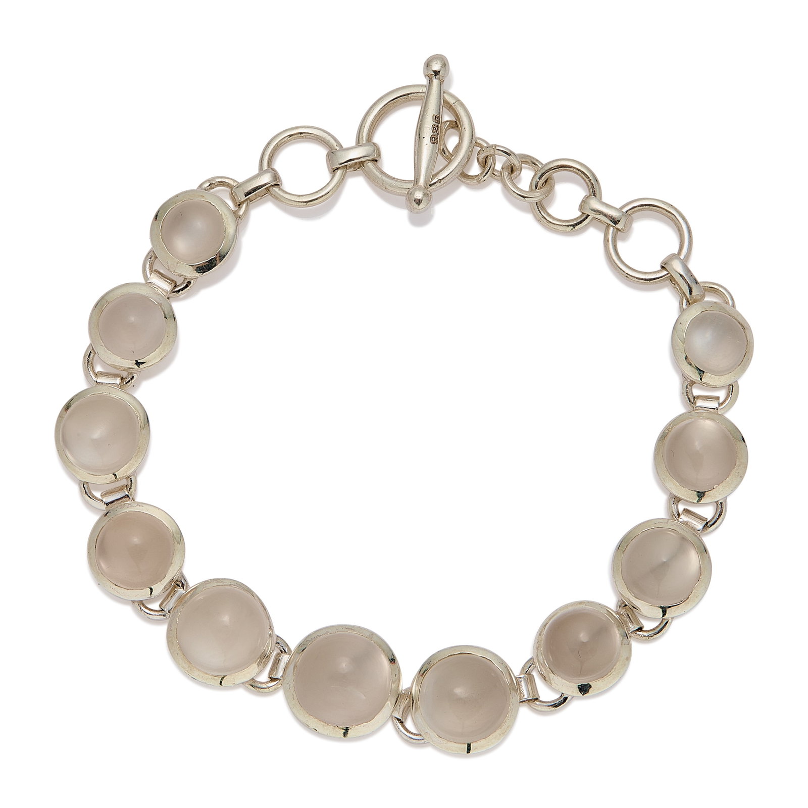 A moonstone cabochon link bracelet,: A moonstone cabochon link bracelet, bezel set with a line of graduated round cut moonstones, with circular links to either end and to a 'T' bar clasp, stamped 925, tested as silver (Length 20cm; 17.8g