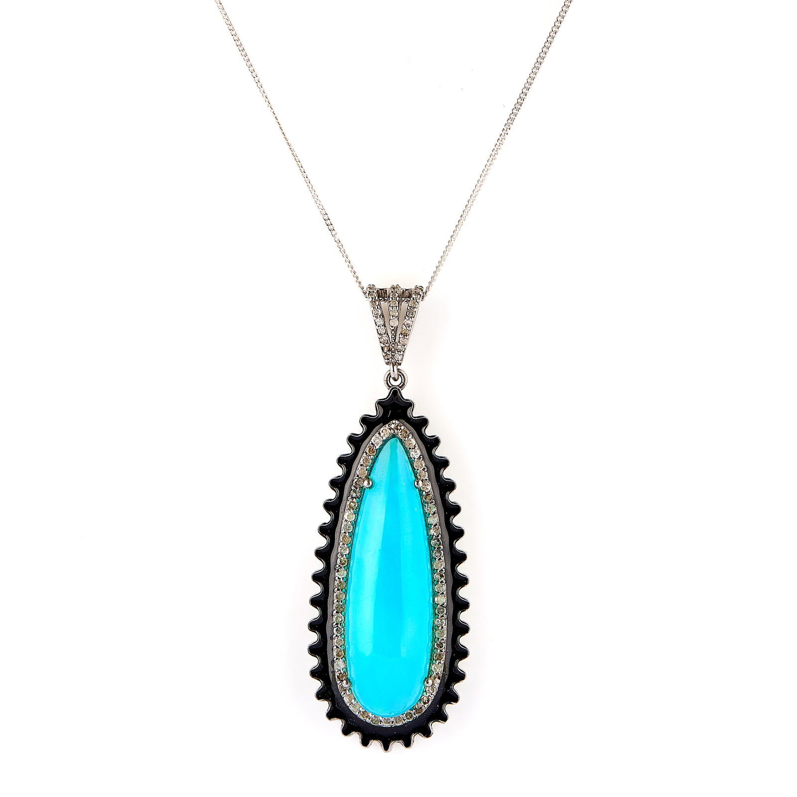 A dyed blue opal and diamond pendant necklace,: A dyed blue opal and diamond pendant necklace, the drop shaped dyed blue opal set within a surround of circular cut diamonds, to a ripple-form border, leading to a similarly set diamond bale and