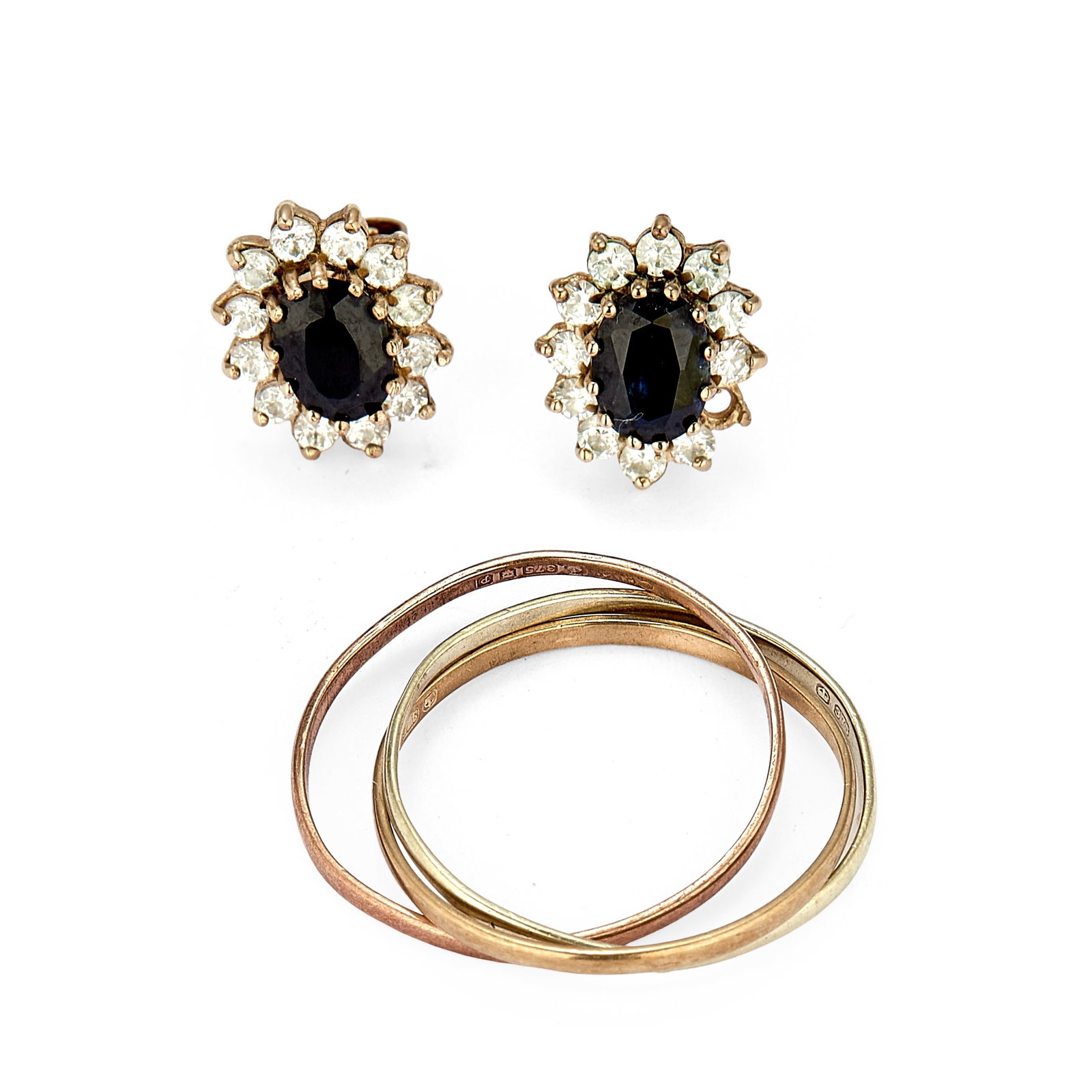 A 9ct gold Russian band ring and pair of sapphire cluster earrings,: A 9ct gold Russian band ring and pair of sapphire cluster earrings, the band ring composed of three interlocking yellow, white and rose gold hoops, hallmarked 375, together with a pair of sapphire