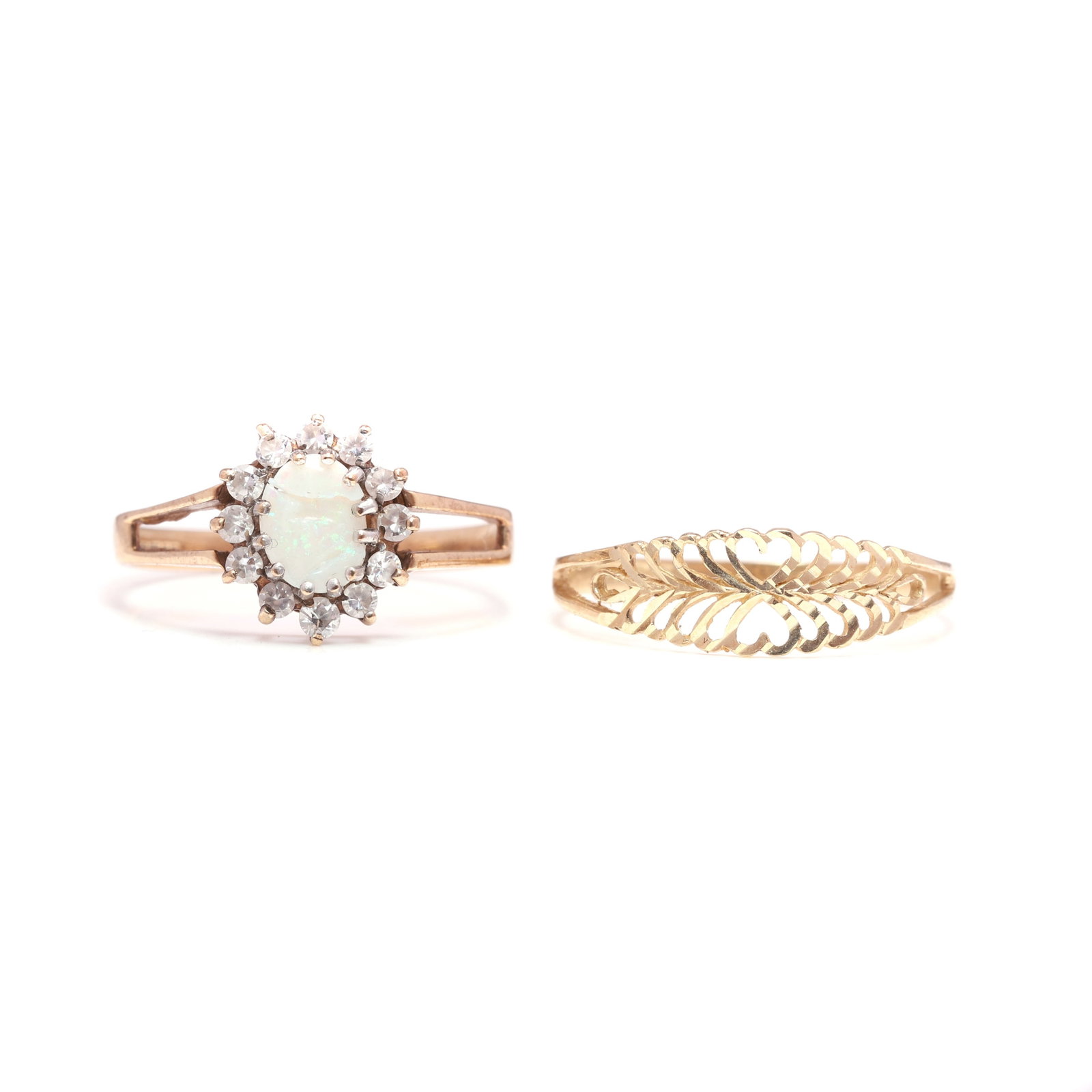 Two 9ct gold rings,: Two 9ct gold rings, comprising a pierced band ring, hallmarked Birmingham 1989, together with a 9ct gold opal and CZ cluster ring, opal severely chipped and split in two, hallmarked Birmingham (2.7g)