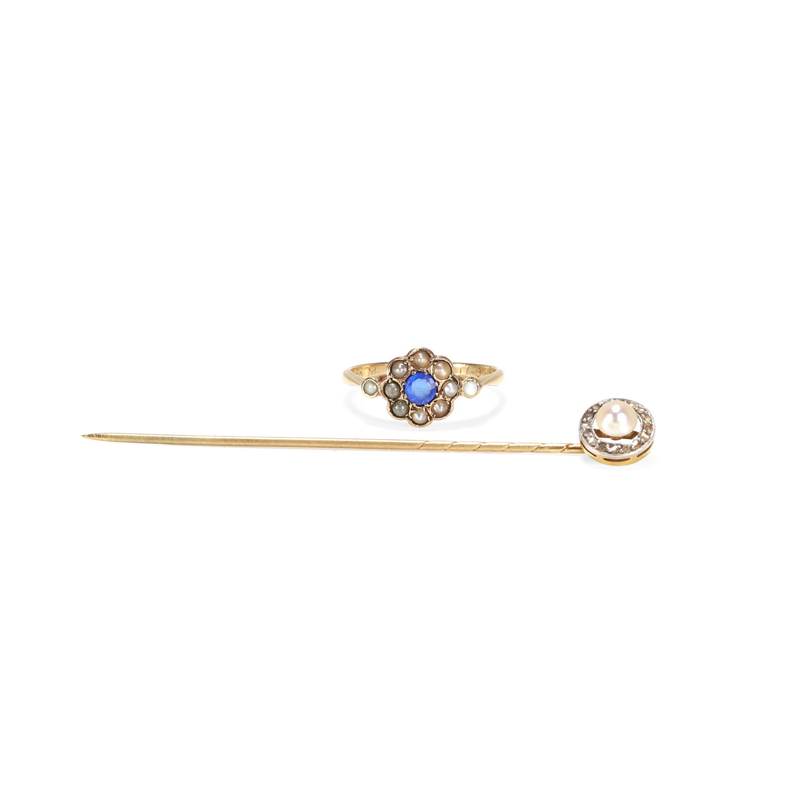 A pearl and paste ring with a pearl stick pin, (1 of 2)