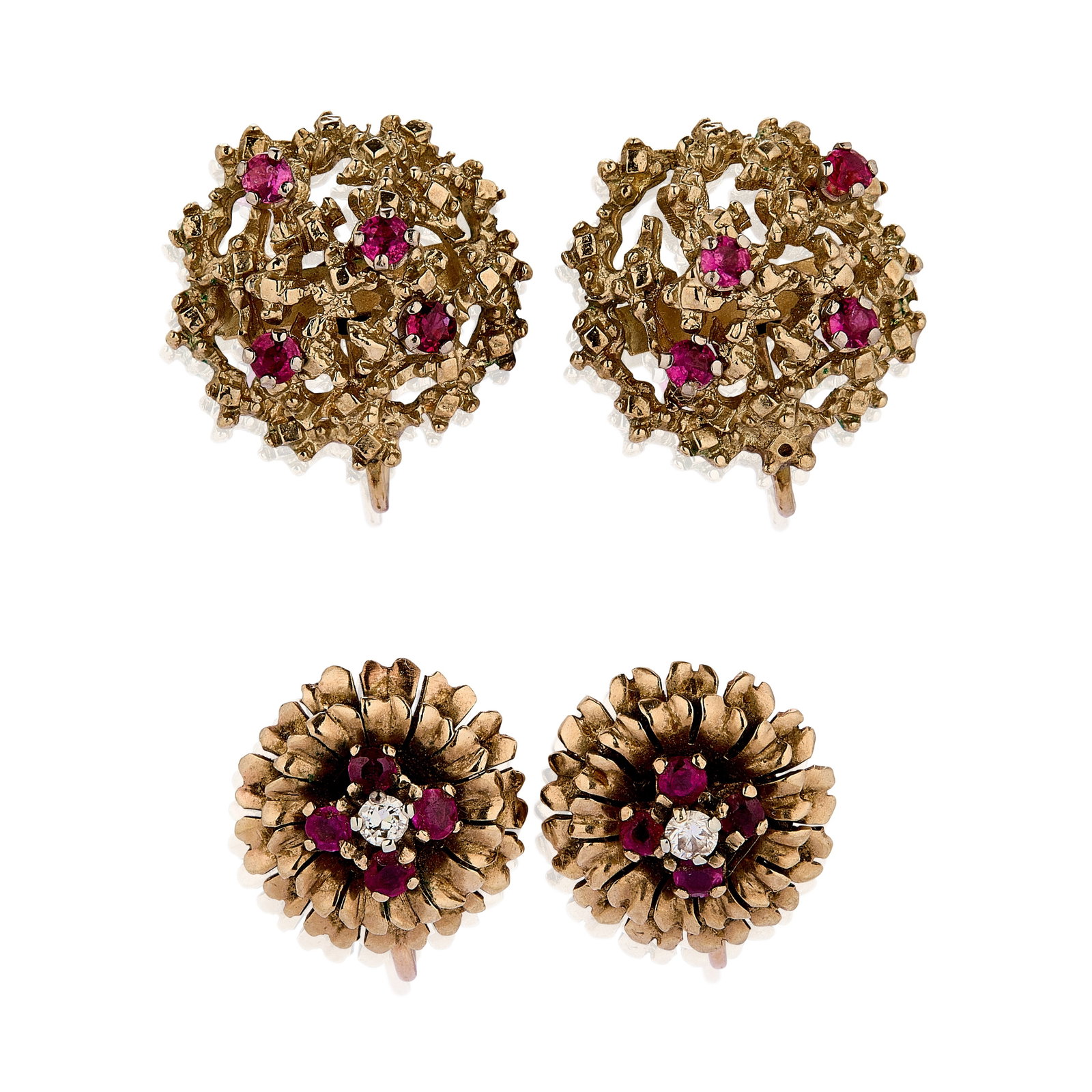 Two pairs of screw-back earrings,: Two pairs of screw-back earrings, comprising one pair of abstract cluster earrings, accented with rubies, and one pair of floral earrings, each set with a cluster of rubies and clear stones. Both