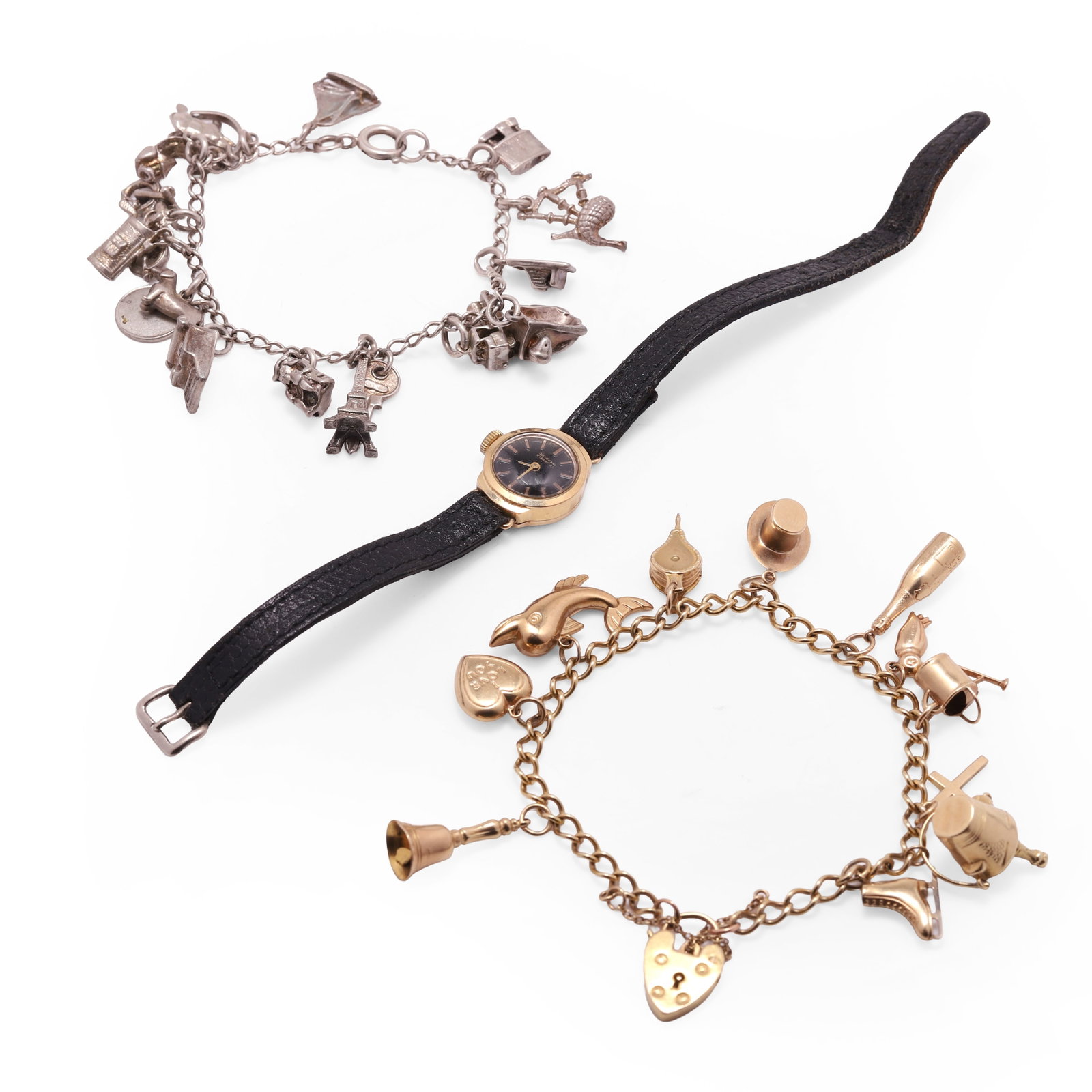 Two charm bracelets and a 9ct gold mechanical wristwatch, (1 of 1)