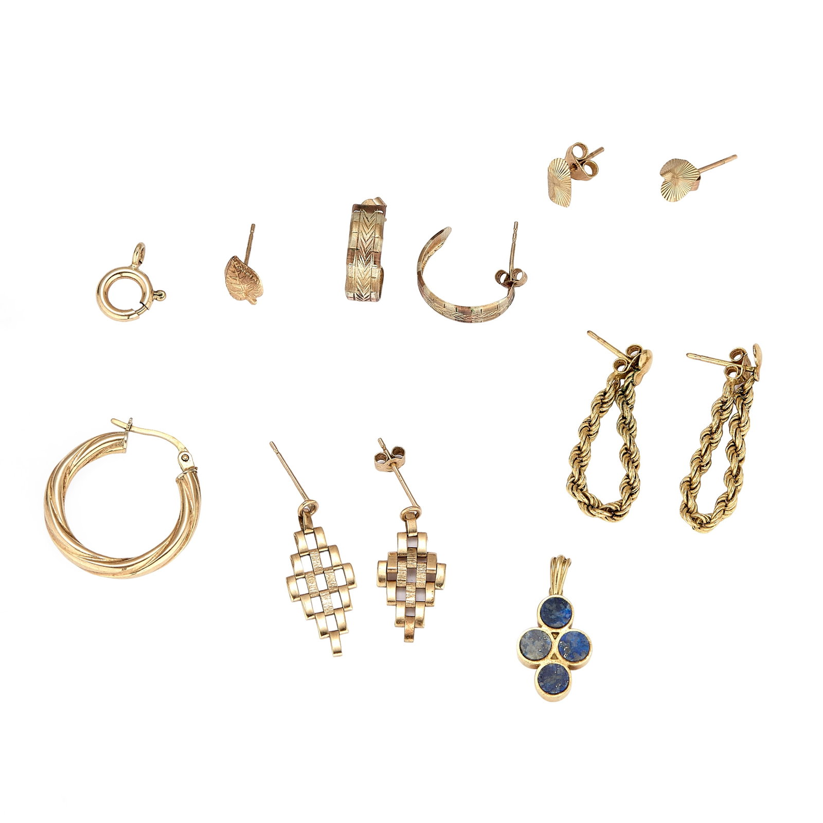 A group of gold earrings and a lapis lazuli set cross pendant, (1 of 1)