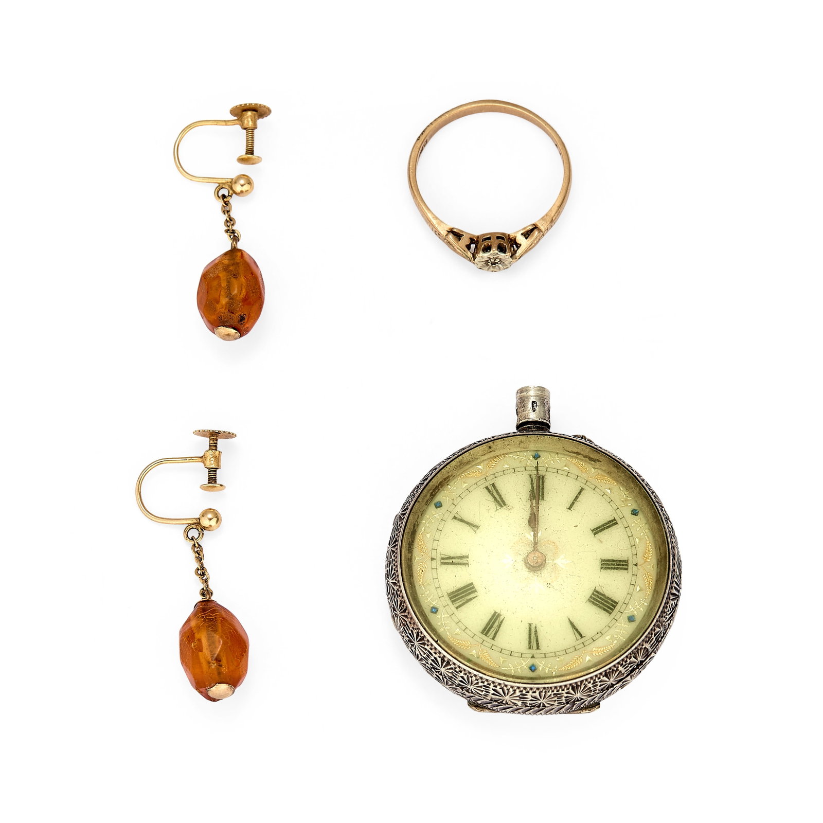 A small group of jewellery and a fob watch,: A small group of jewellery and a fob watch, to include a silver ladies' open faced pocket watch with hand painted enamel dial, roman numerals and arrow hands, bright cut all over with vacant cartouche