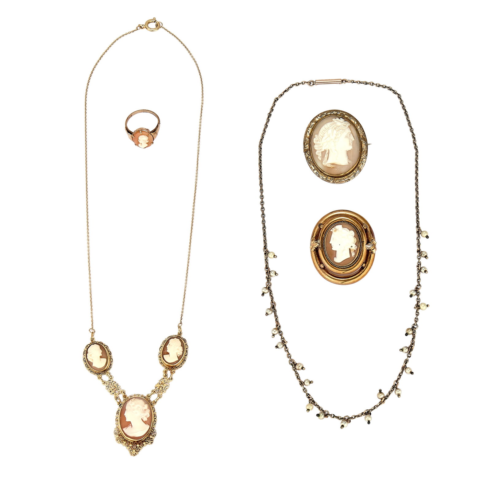 A small collection of antique and vintage jewellery,: A small collection of antique and vintage jewellery, to include a cameo ring stamped 9ct, a gilt metal cameo brooch depicting a classical female in profile, facing left, a rolled gold cameo brooch, a 