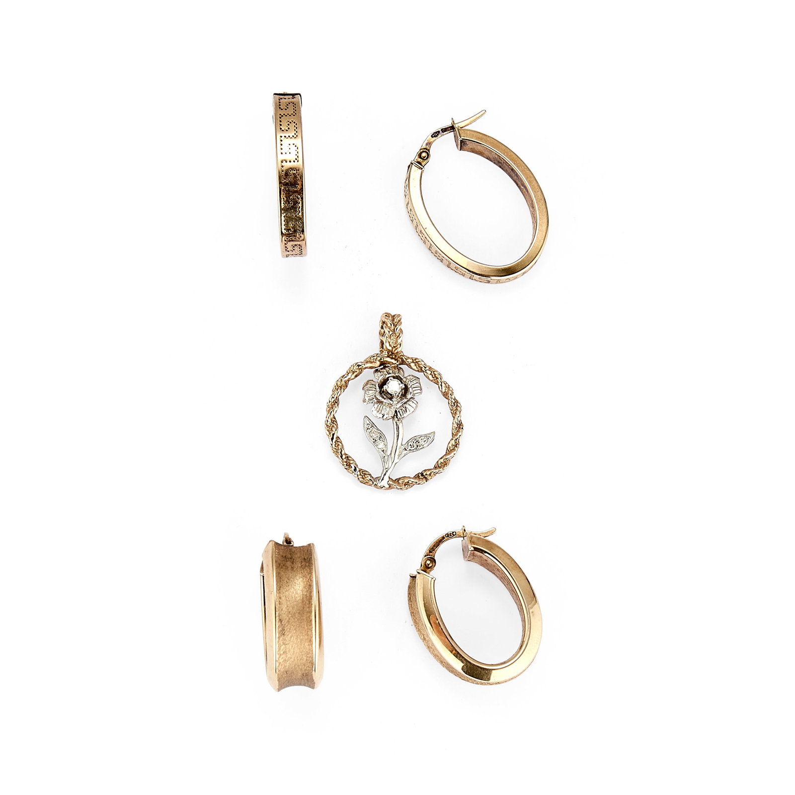 A group of 9ct gold jewellery,: A group of 9ct gold jewellery, comprising two pairs of hollow gold hoop earrings of oval outline, and an openwork pendant of floral design, centrally set with a round brilliant diamond, all hallmarked