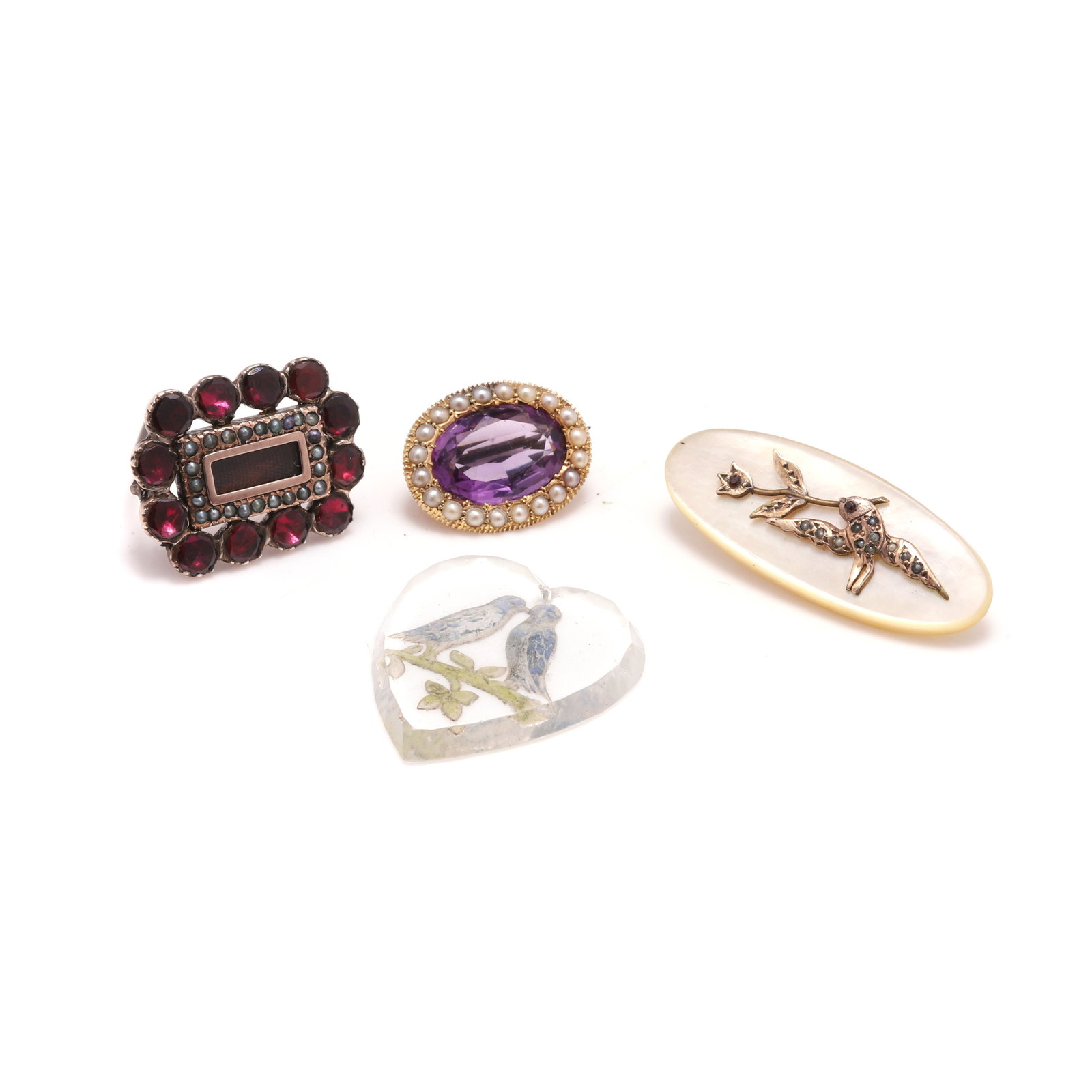 A group of assorted antique jewellery,: A group of assorted antique jewellery, comprising a Victorian amethyst and split pearl oval brooch, tested as approximately 14ct with high carat gilding and metal pin, a Georgian flat cut garnet and s