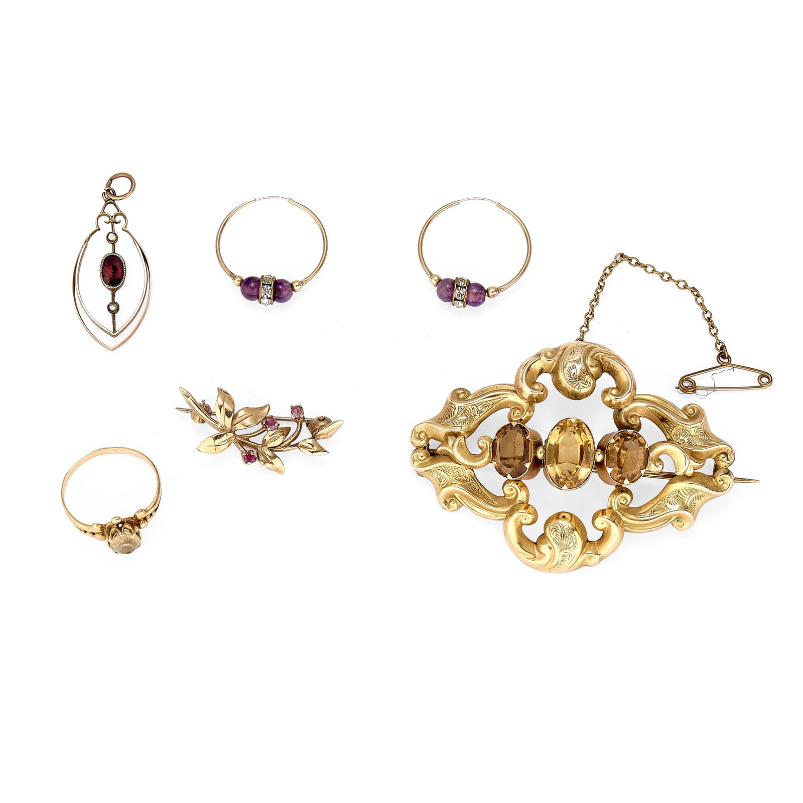 A small collection of antique and modern jewellery,: A small collection of antique and modern jewellery, comprising a Victorian scroll brooch set with three graduated oval cut citrines, tested as approximately 9ct gold with a base metal pin, an Edwardia