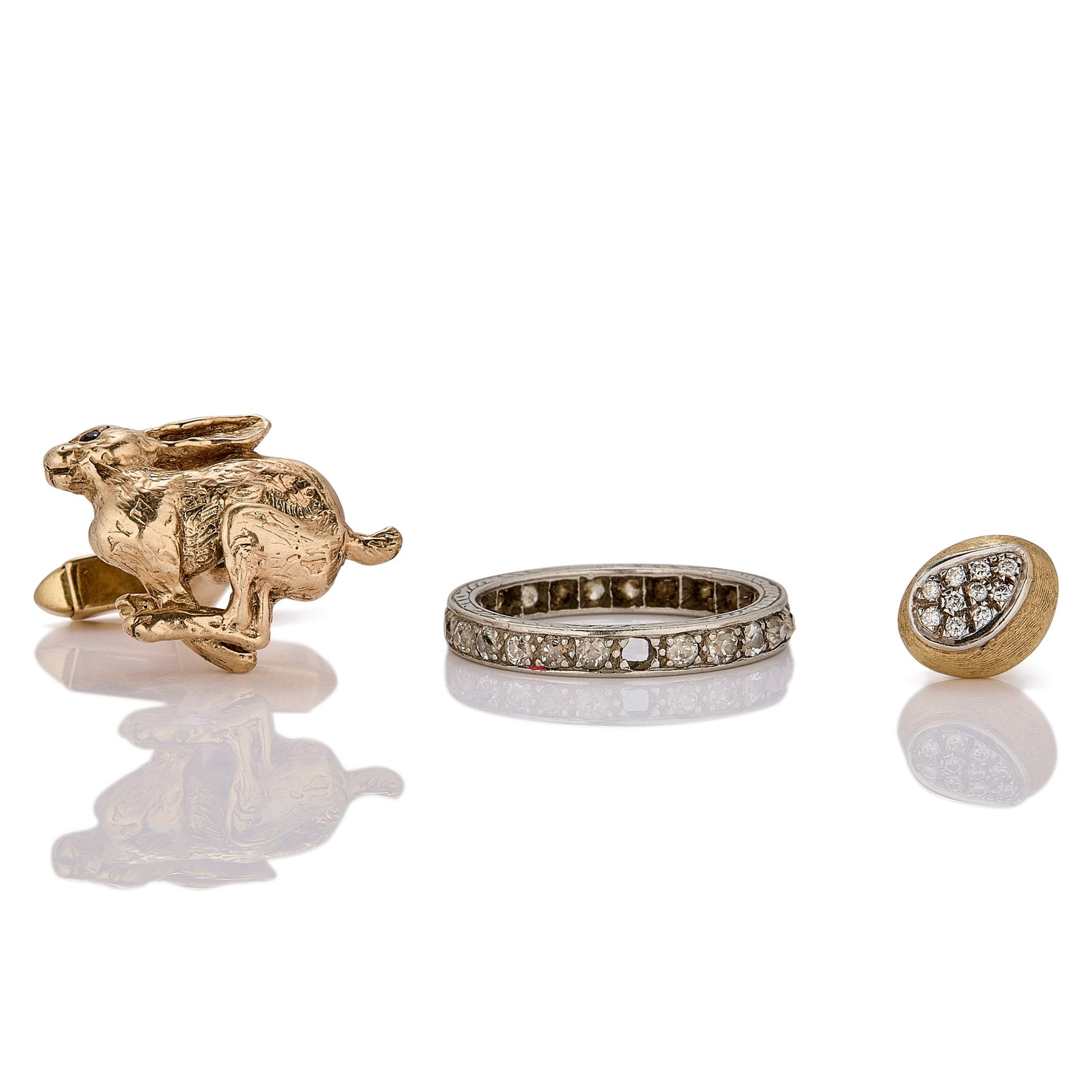 A group of assorted jewellery,: A group of assorted jewellery, to include a full eternity ring, thread and grain set with old European cut diamonds, one stone deficient, with engraving to sides, unmarked, tested as platinum, a singl
