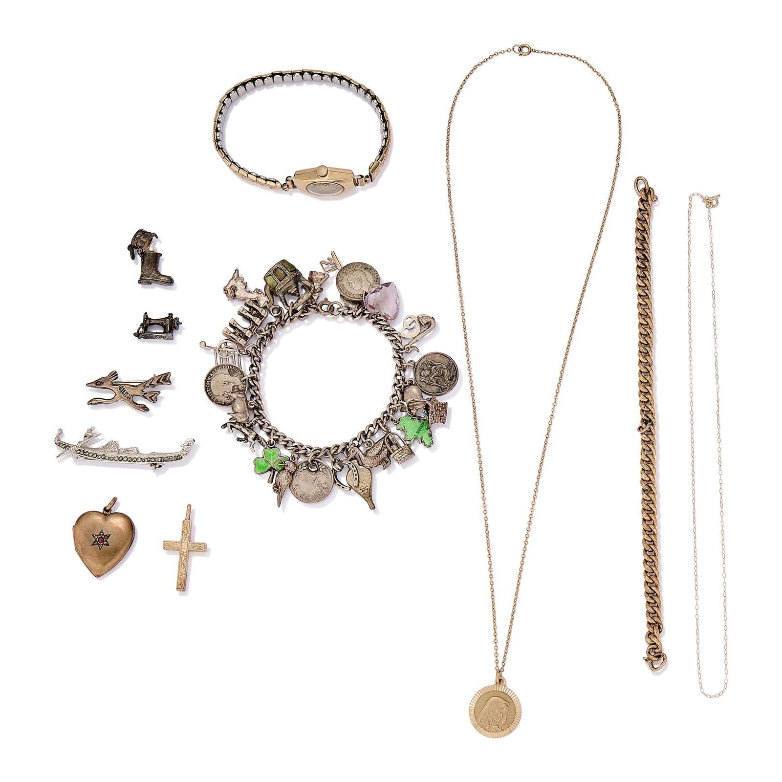 A group of assorted jewellery,: A group of assorted jewellery, to include an antique engraved chain bracelet, clasp deficient, stamped 9ct and tested as approximately 9ct gold, a yellow metal heart locket pendant, a 9ct gold religio