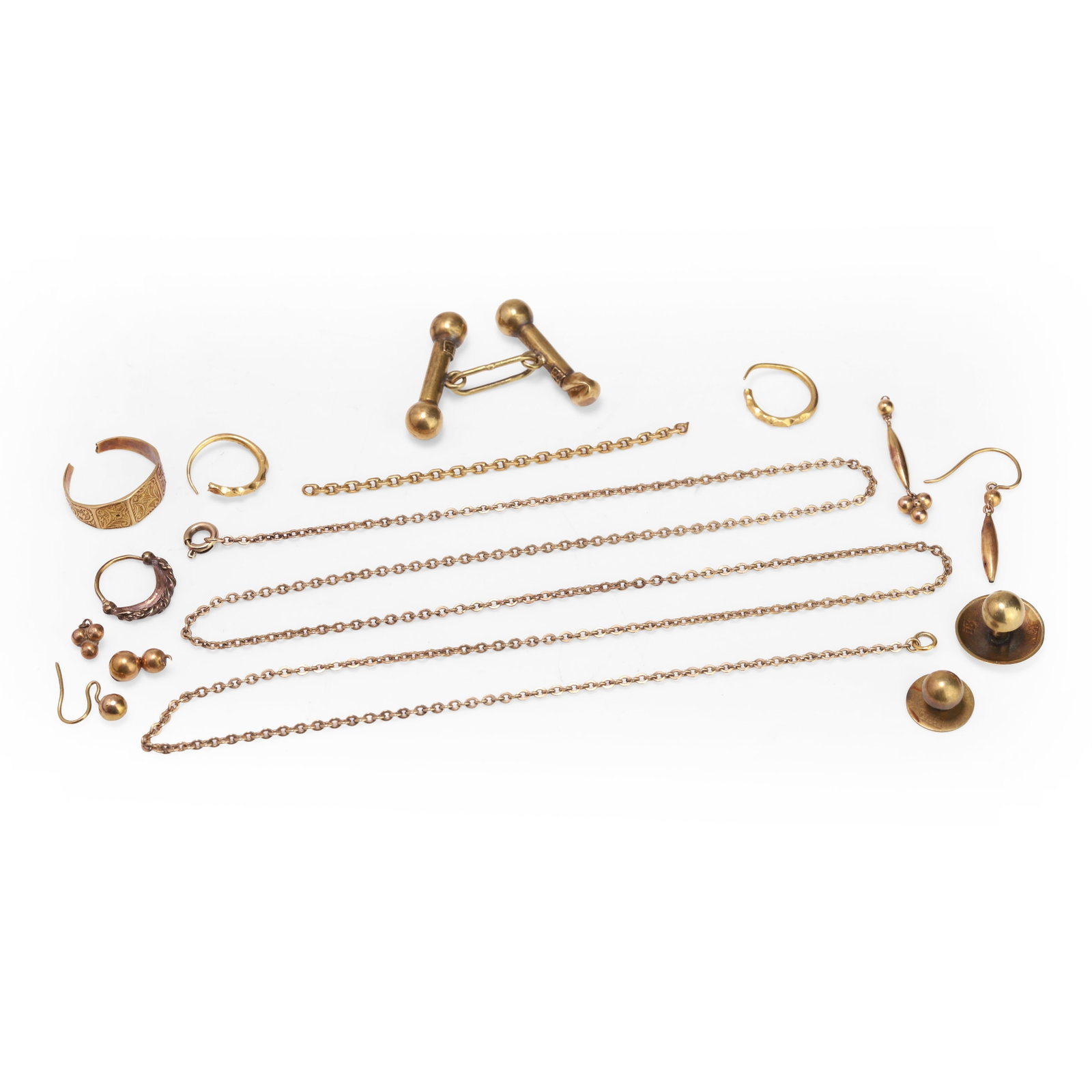A group of broken chains and oddments,: A group of broken chains and oddments, comprising two shirt studs, a single cufflink, a small signet ring cut open, and a pair of hoop earrings, all tested as approximately 18ct gold, together with a 