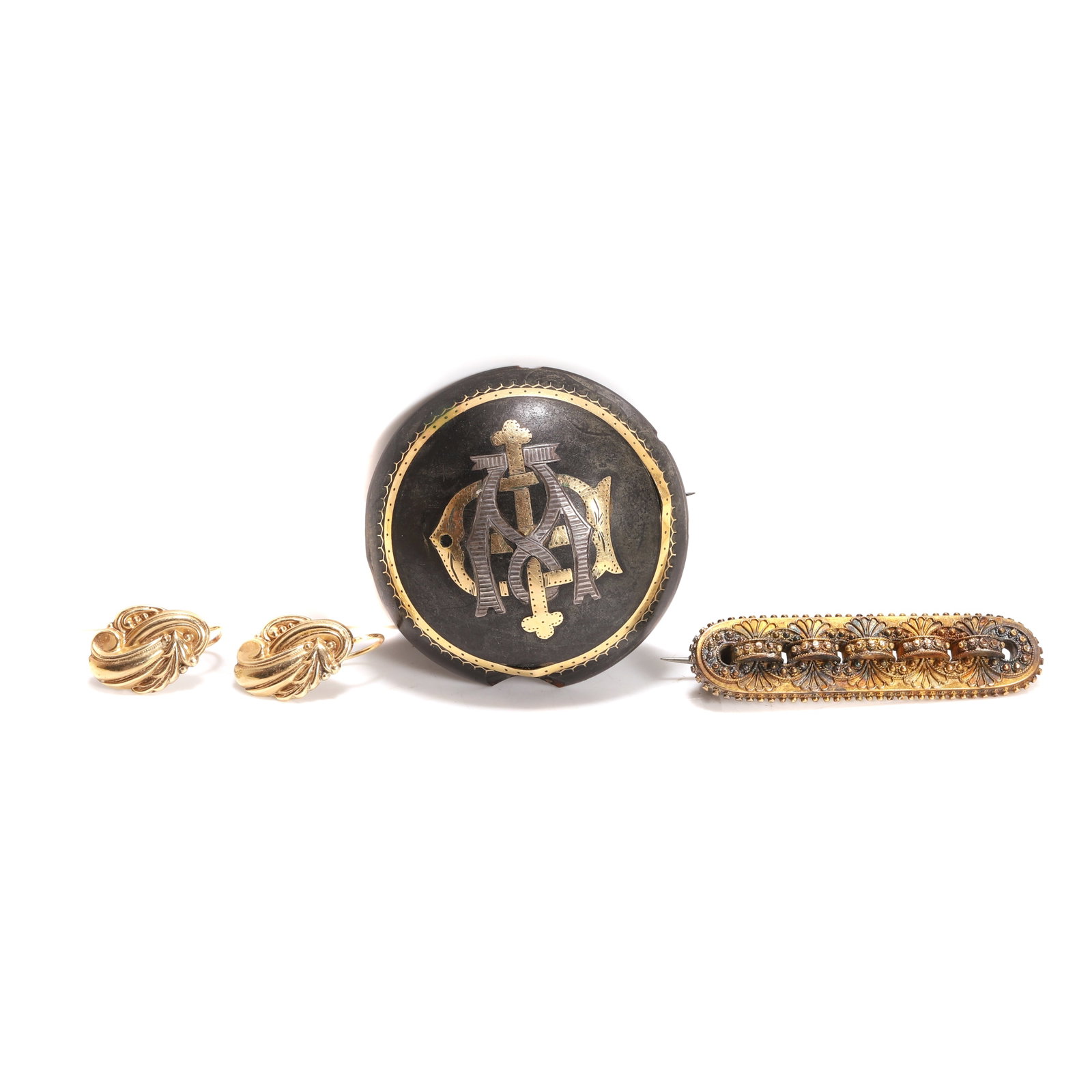 Two Victorian brooches and a pair of modern earrings,: Two Victorian brooches and a pair of modern earrings, a pair of drop earrings of scroll design, stamped 585, a Victorian Etruscan Revival bar brooch, stamped 15ct, with a base metal pin, and a Victori