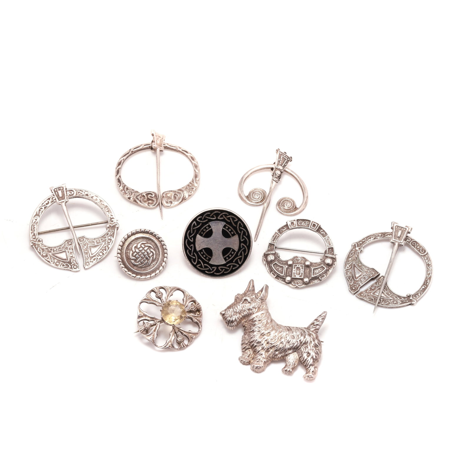 A collection of Scottish-themed silver brooches, (1 of 2)