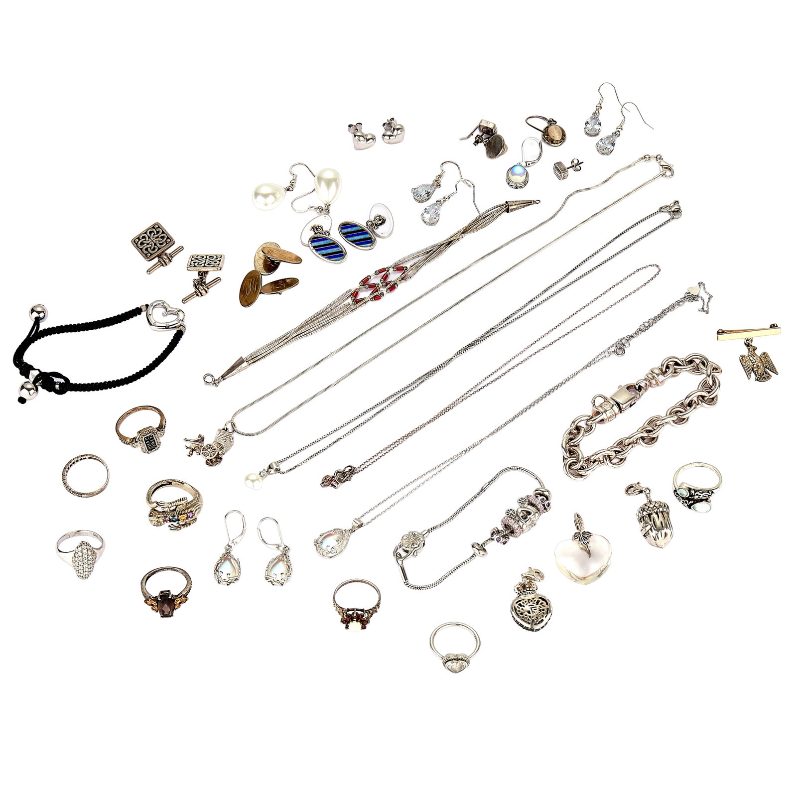 A collection of silver jewellery,: A collection of silver jewellery, including a heart shaped paste Pandora ring, a Thomas Sabo chain link bracelet and three charms, a Tresor Paris cubic zirconia set heart motif cord bracelet, a pair o