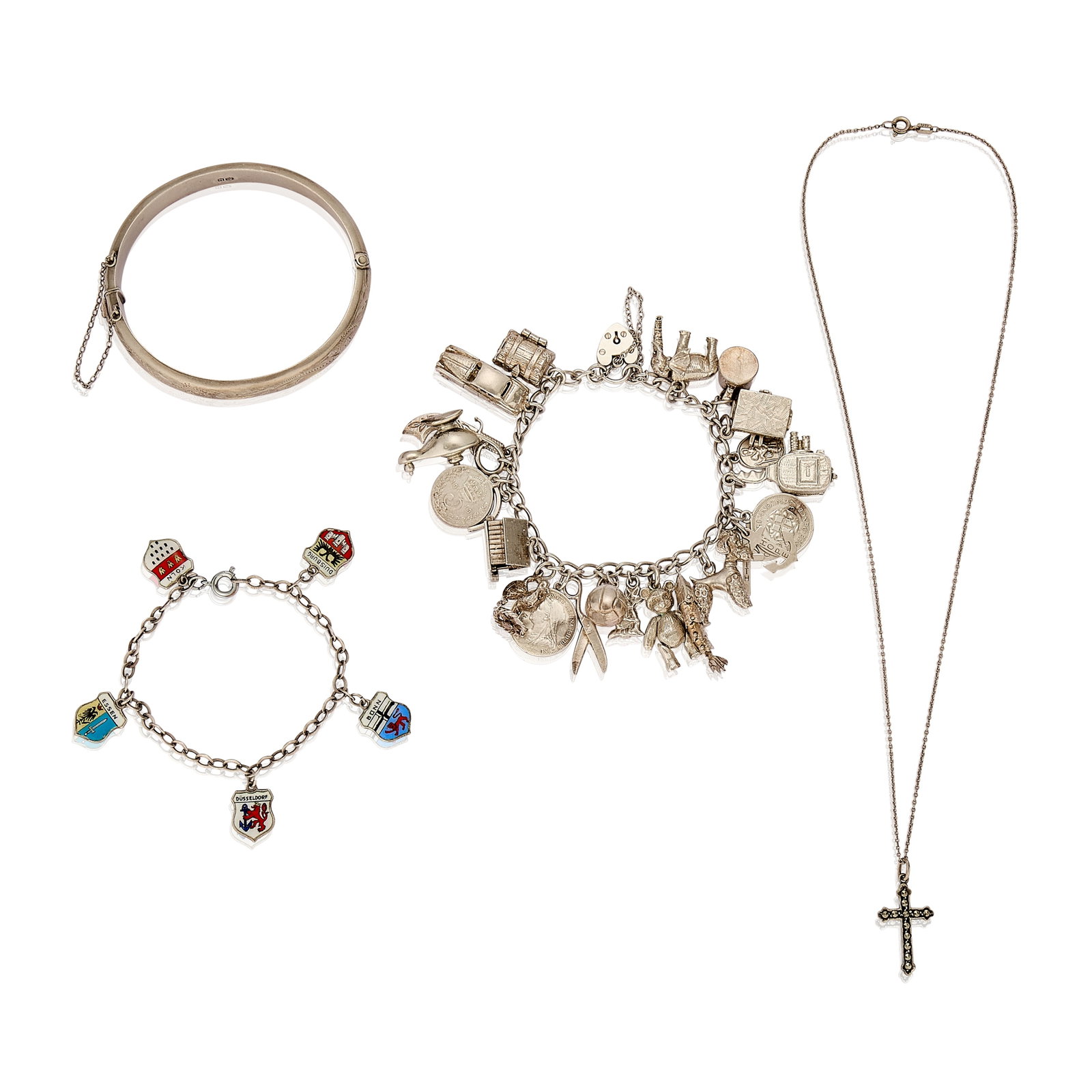 A group of assorted silver jewellery,: A group of assorted silver jewellery, comprising a curb link charm bracelet with heart shaped clasp, suspending twenty two charms including an articulated teddy bear, an elephant and three silver coin