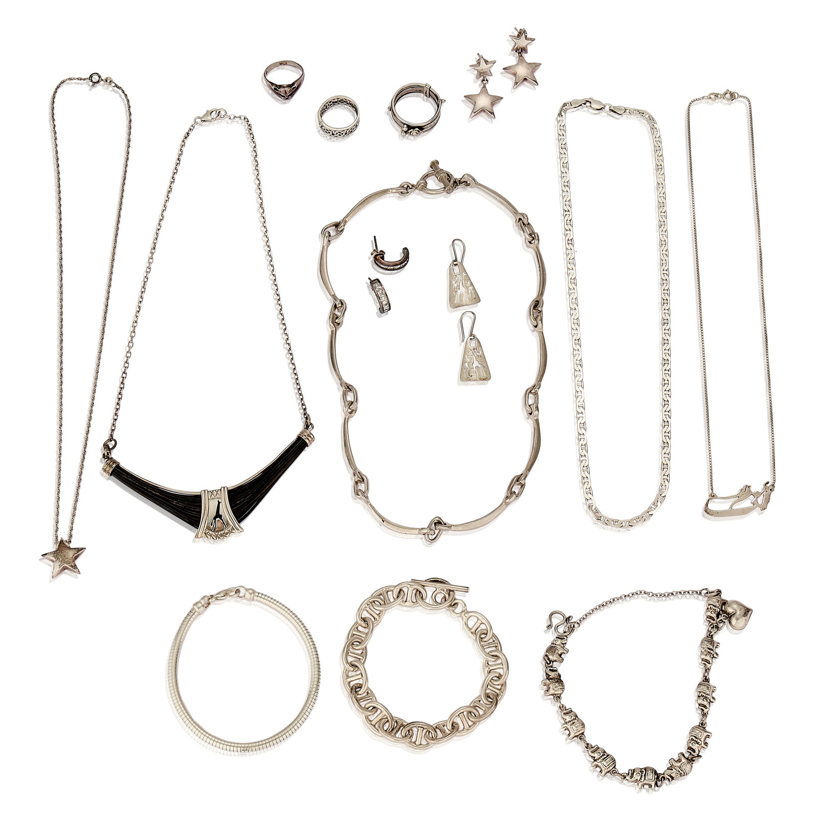 A collection of silver jewellery,: A collection of silver jewellery, to include four bracelets, one of elephants with safety chain and heart pendant charm, one fancy link chain necklace and one necklace of linked curved bars, three pen