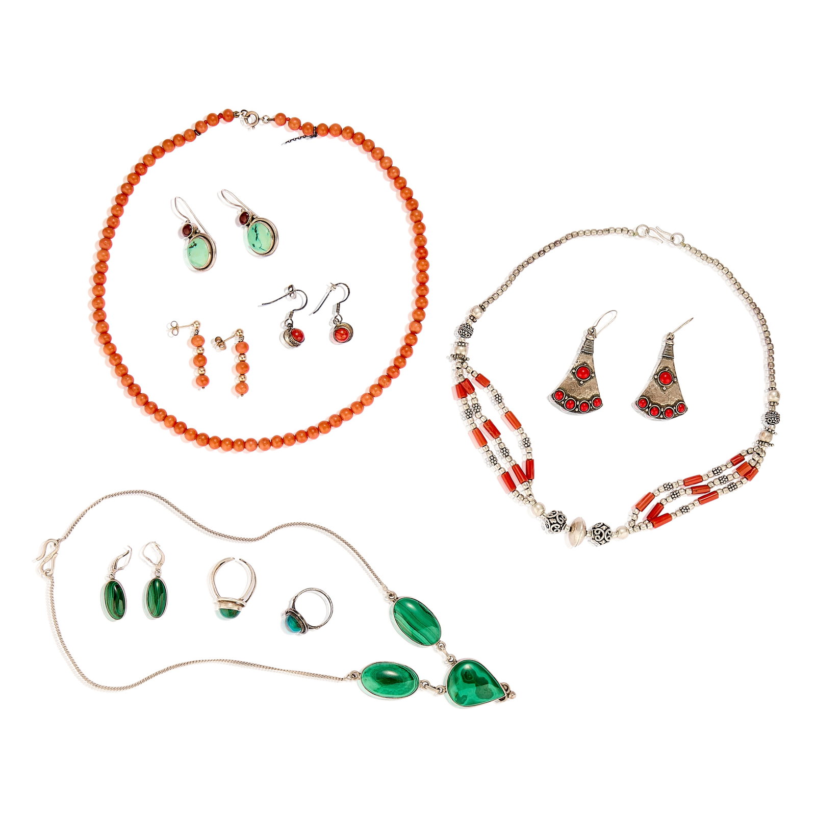 A collection of stone set jewellery,: A collection of stone set jewellery, to include a uniform coral bead necklace plain strung to a bolt ring clasp and silver safety chain, unmarked, tested approximately 9ct gold and silver, a pair of b