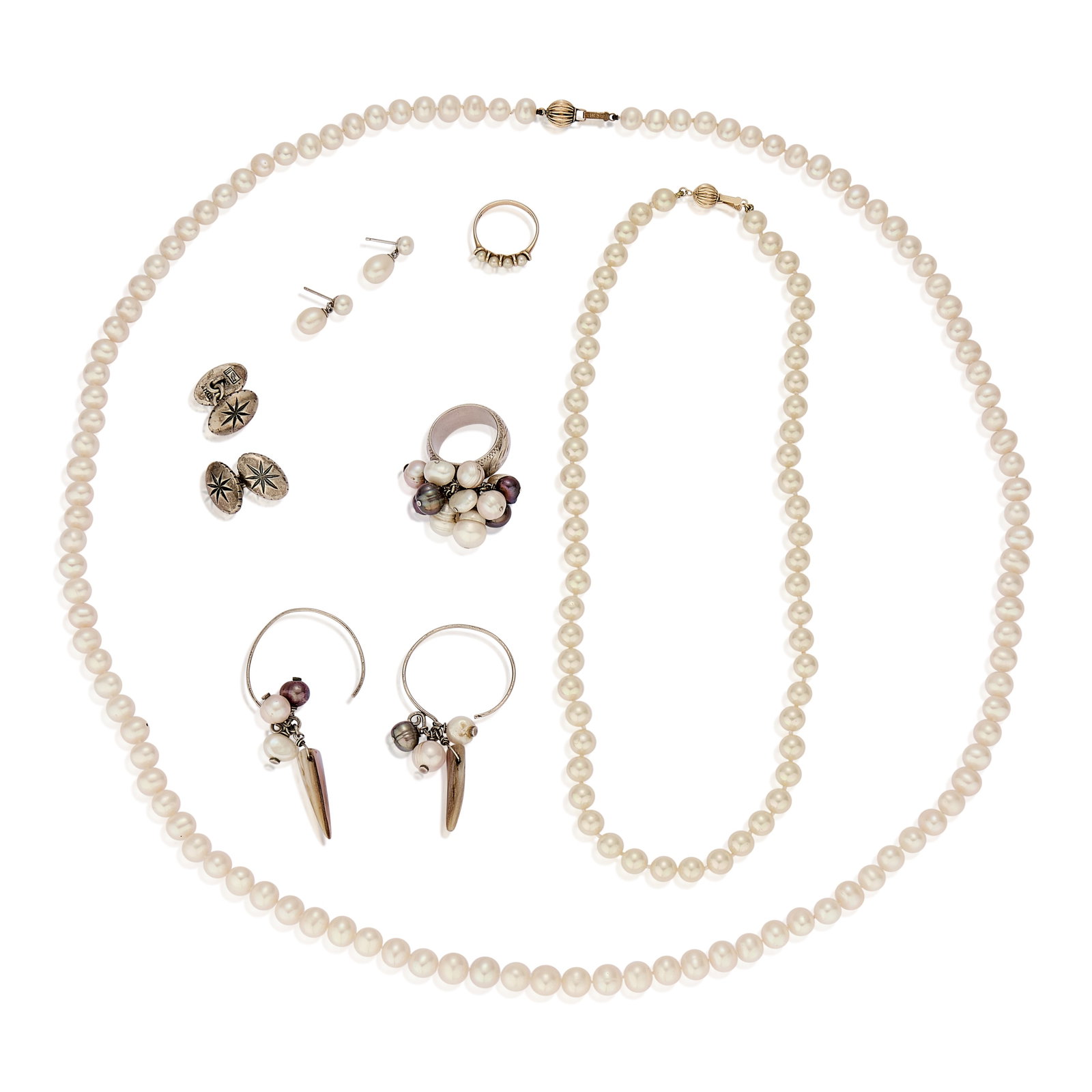 A collection of freshwater pearl jewellery and a pair of cufflinks,: A collection of freshwater pearl jewellery and a pair of cufflinks, to include one freshwater pearl necklace strung knotted to a fluted ball clasp, stamped 14k, tested as approximately 14ct gold, a fa