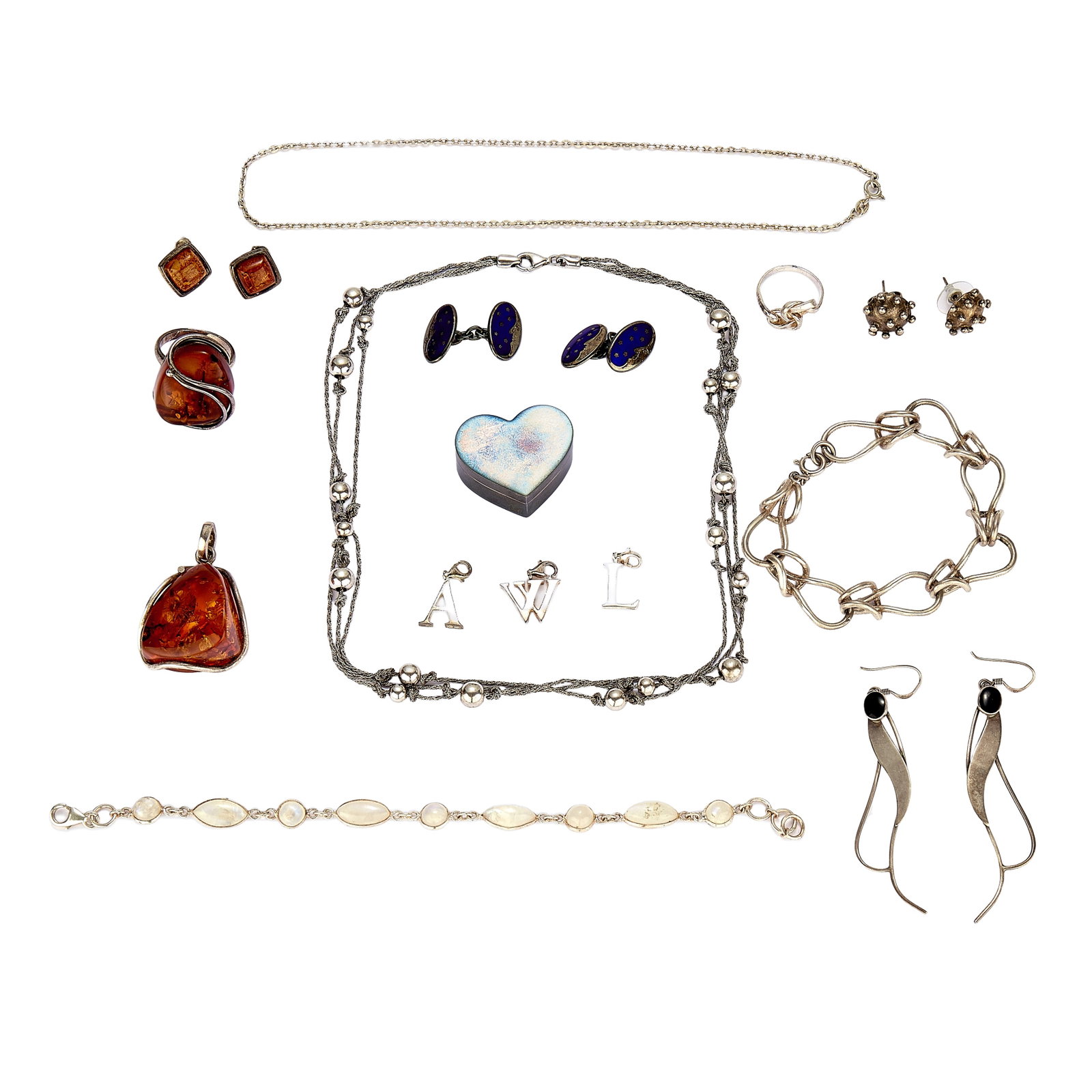 A collection of silver jewellery,: A collection of silver jewellery, including a Links of London heart shaped pill box and a pair of enamelled cufflinks, an amber ring, pendant and a pair of earrings, three Thomas Sabo letter charms, a