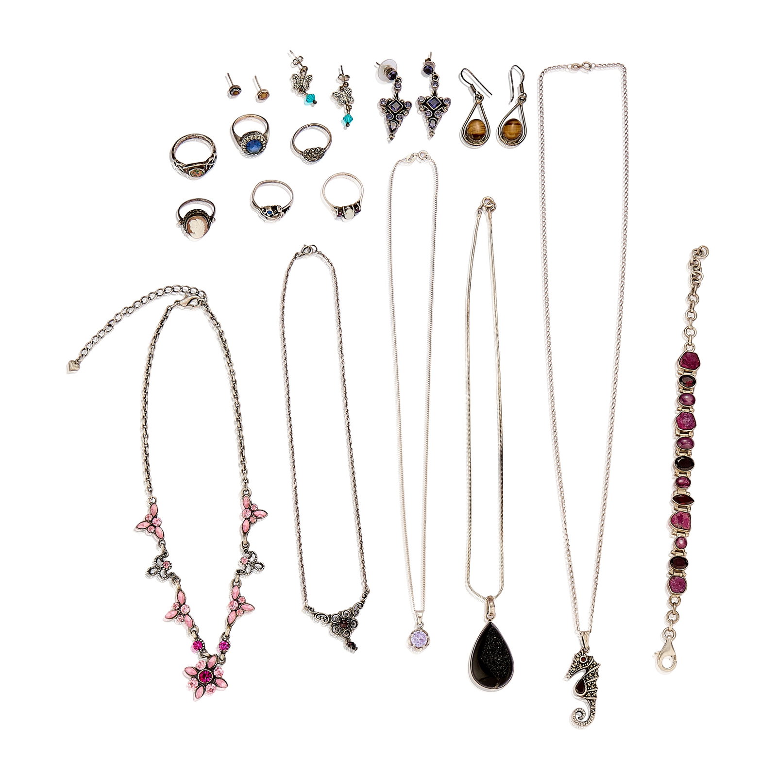A collection of jewellery,: A collection of jewellery, to include a garnet and marcasite set seahorse pendant and chain, a pink paste set pendant and chain, a pear shaped onyx pendant and chain, a garnet set necklet with drop ea