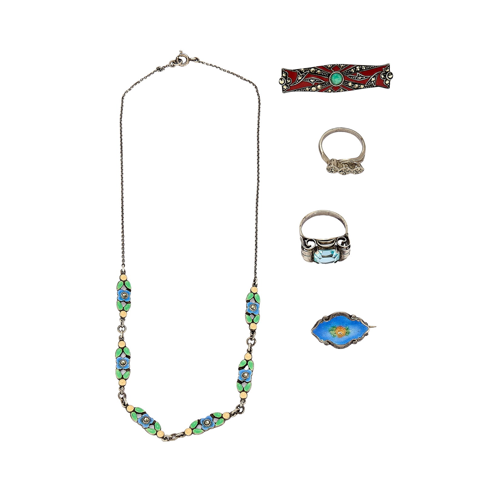 A group of assorted silver jewellery, 1920s and later,: A group of assorted silver jewellery, 1920s and later, to include an enamel flower necklace set with marcasite to a chain with bolt ring clasp, unmarked, attributed to Bernard Instone, tested as silve
