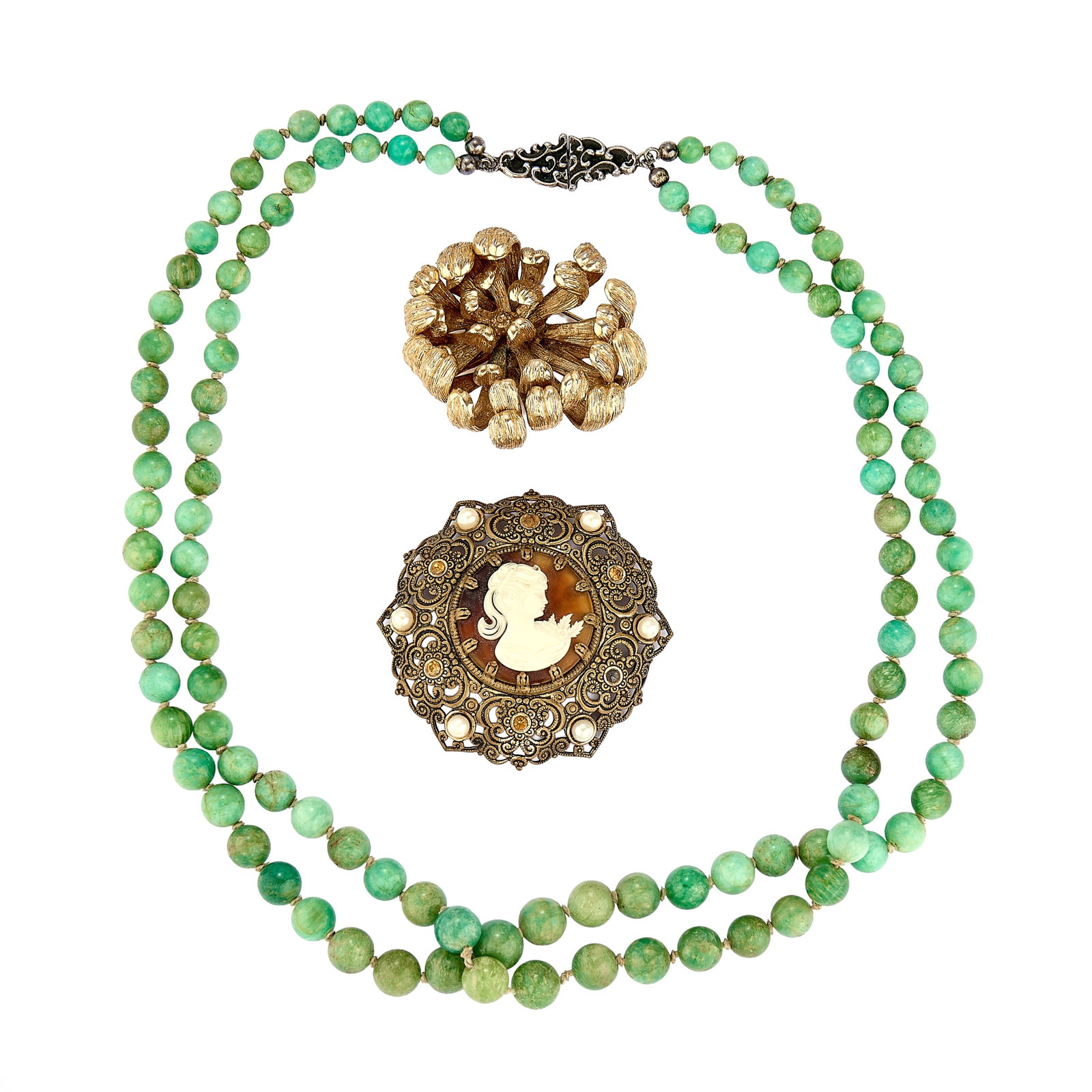 A group of period costume jewellery,: A group of period costume jewellery, to include a double row of graduated amazonite beads to a hook silver clasp, tested as silver, circa 1920s, a stylised chrysanthemum flower brooch stamped Repose C