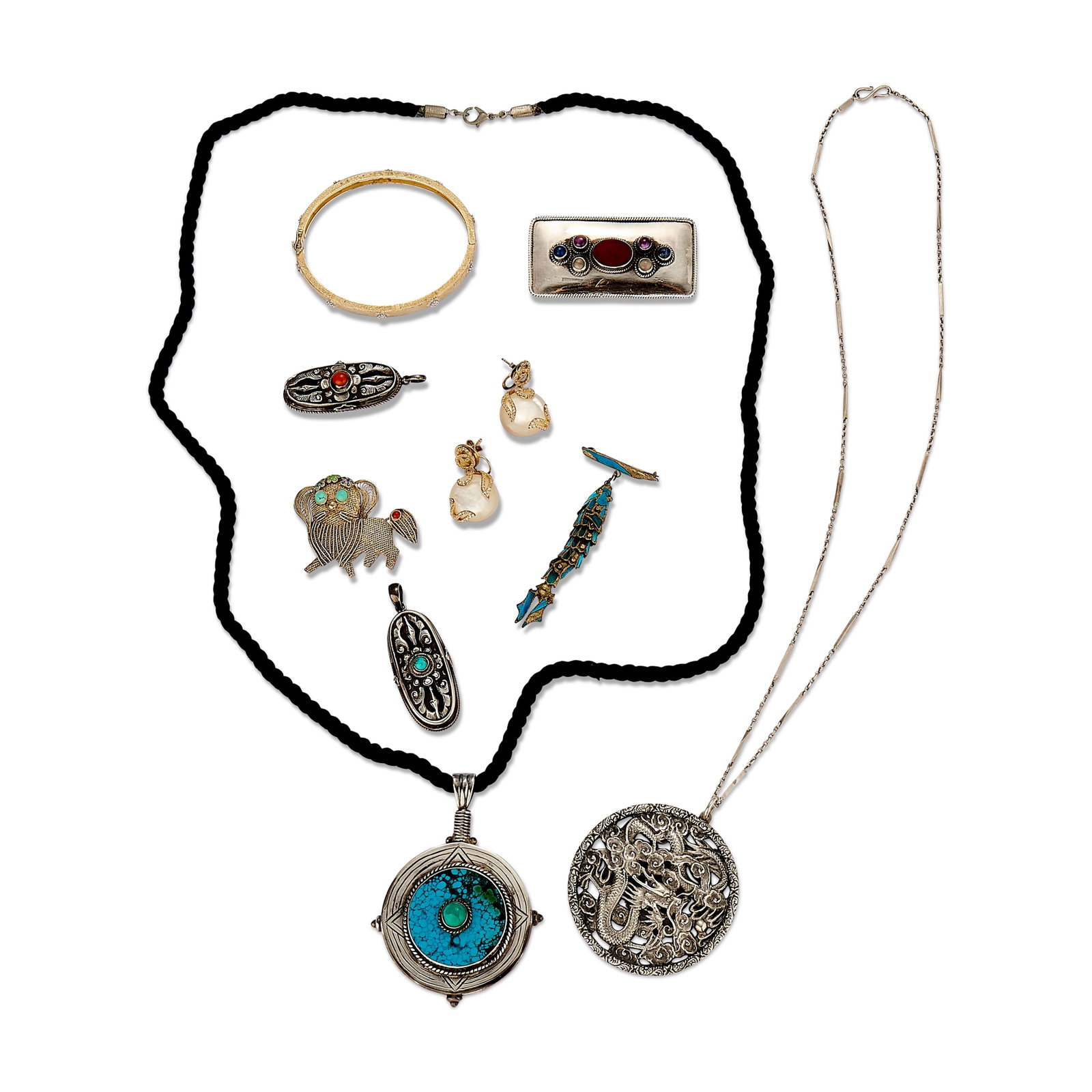 A small collection of silver and costume jewellery,: A small collection of silver and costume jewellery, comprising a panel brooch set with a carnelian tablet flanked by amethyst, lapis lazuli and moonstone cabochons, stamped 925, two matching locket pe