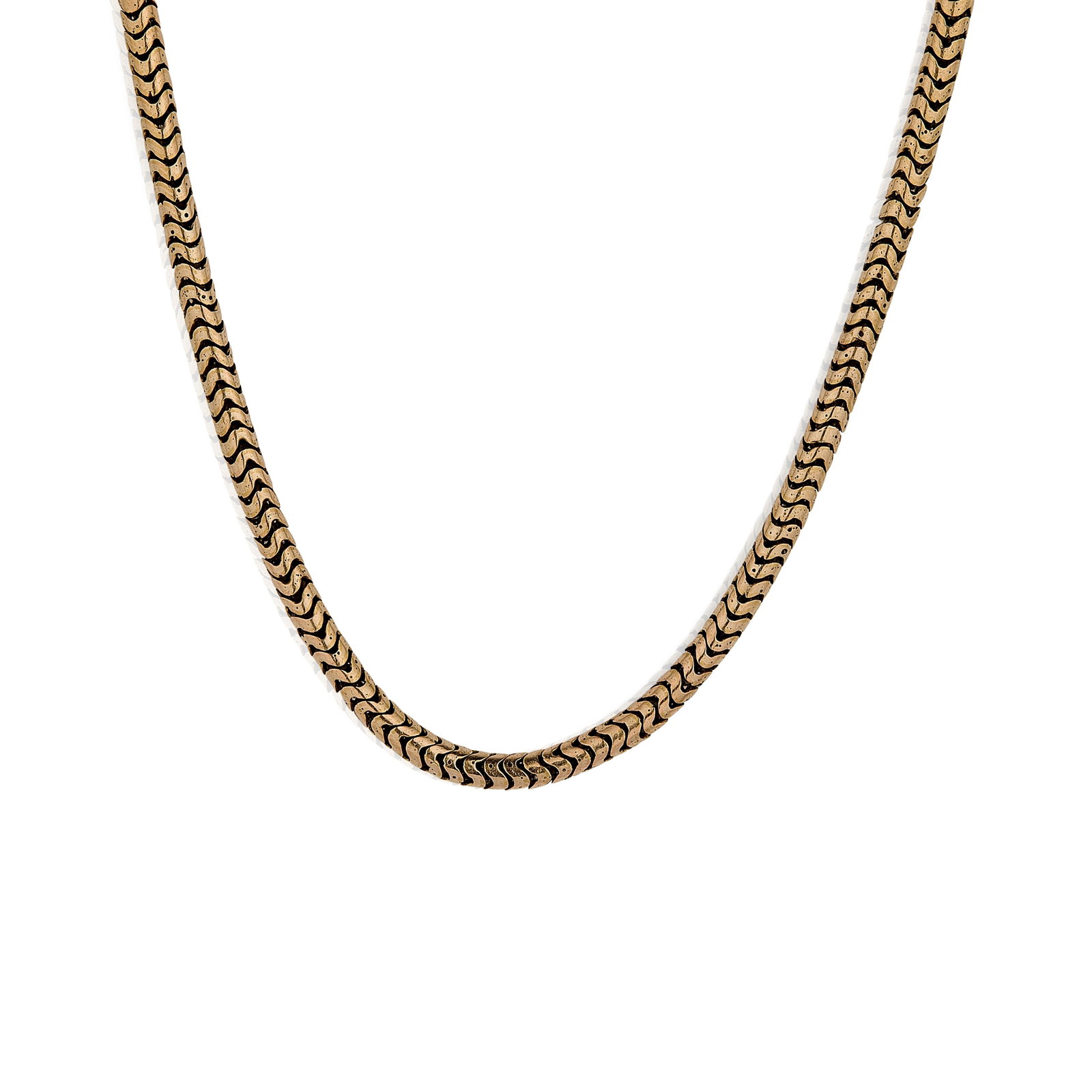 A snake link chain,: A snake link chain, unmarked and testing as approximately 9ct gold, to a later base metal bolt ring clasp (Length 42cm; 13.9g) Condition Report: The bolt ring is a base metal replacement. Scratches