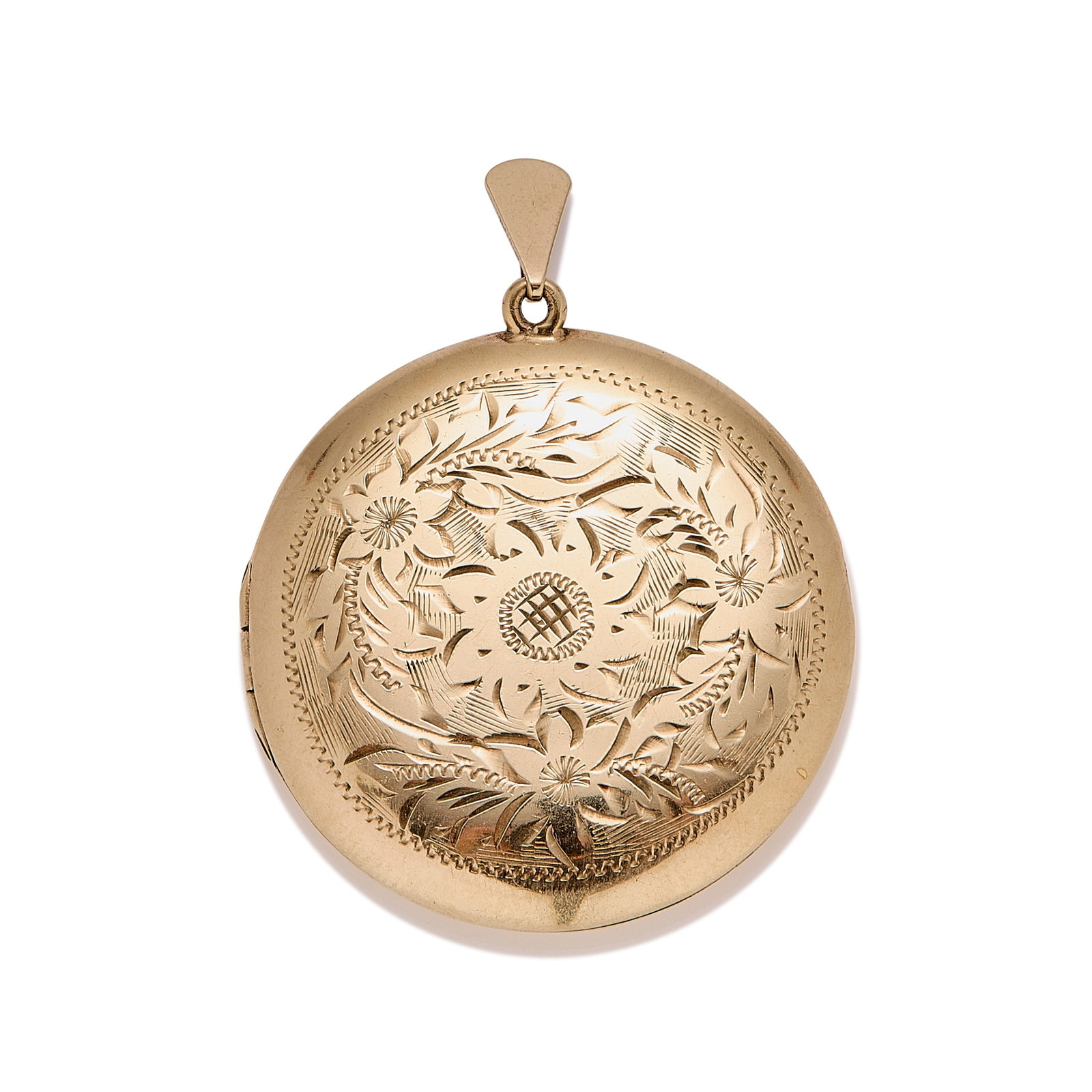 A 9ct gold photo locket pendant,: A 9ct gold photo locket pendant, of circular form and engraved with bright cut floral design to front to an articulated solid tapered bail, hallmarked Birmingham 375 1989 (Locket diameter 3.5cm; 11.4g