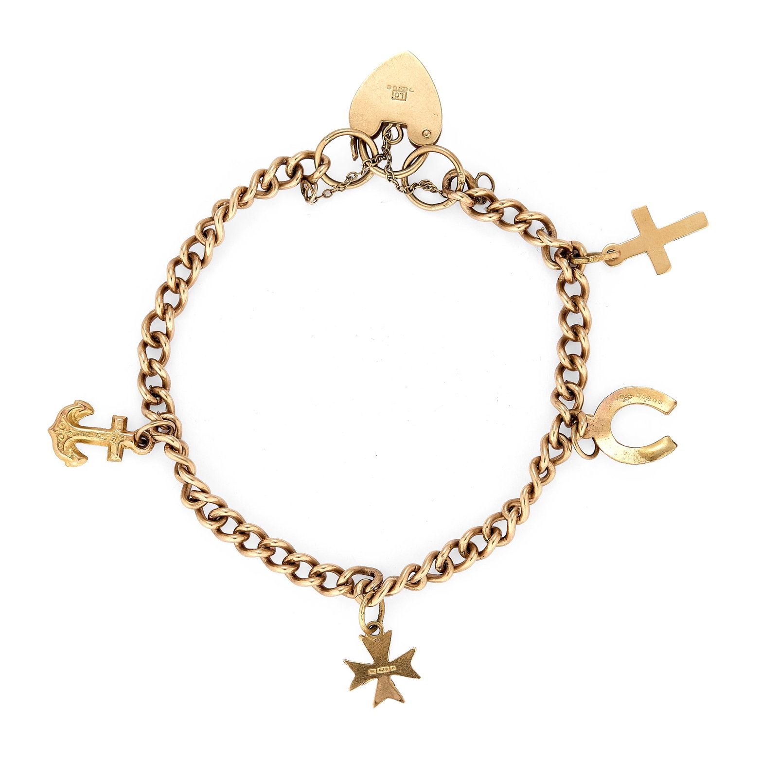 A gold charm bracelet,: A gold charm bracelet, the 9ct gold cable link bracelet to a heart shaped padlock with safety chain, hallmarked London 375 with every fifth link hallmarked 375, suspending four charms to include a