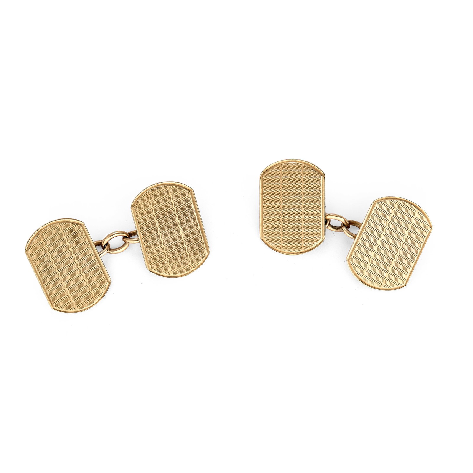 A pair of 9ct gold cufflinks,: A pair of 9ct gold cufflinks, double sided and of curved oblong form with wave engine turning and chain connector, hallmarked Birmingham 375 (Length 1.8cm; 6.3g) Condition Report: Scratches and marks