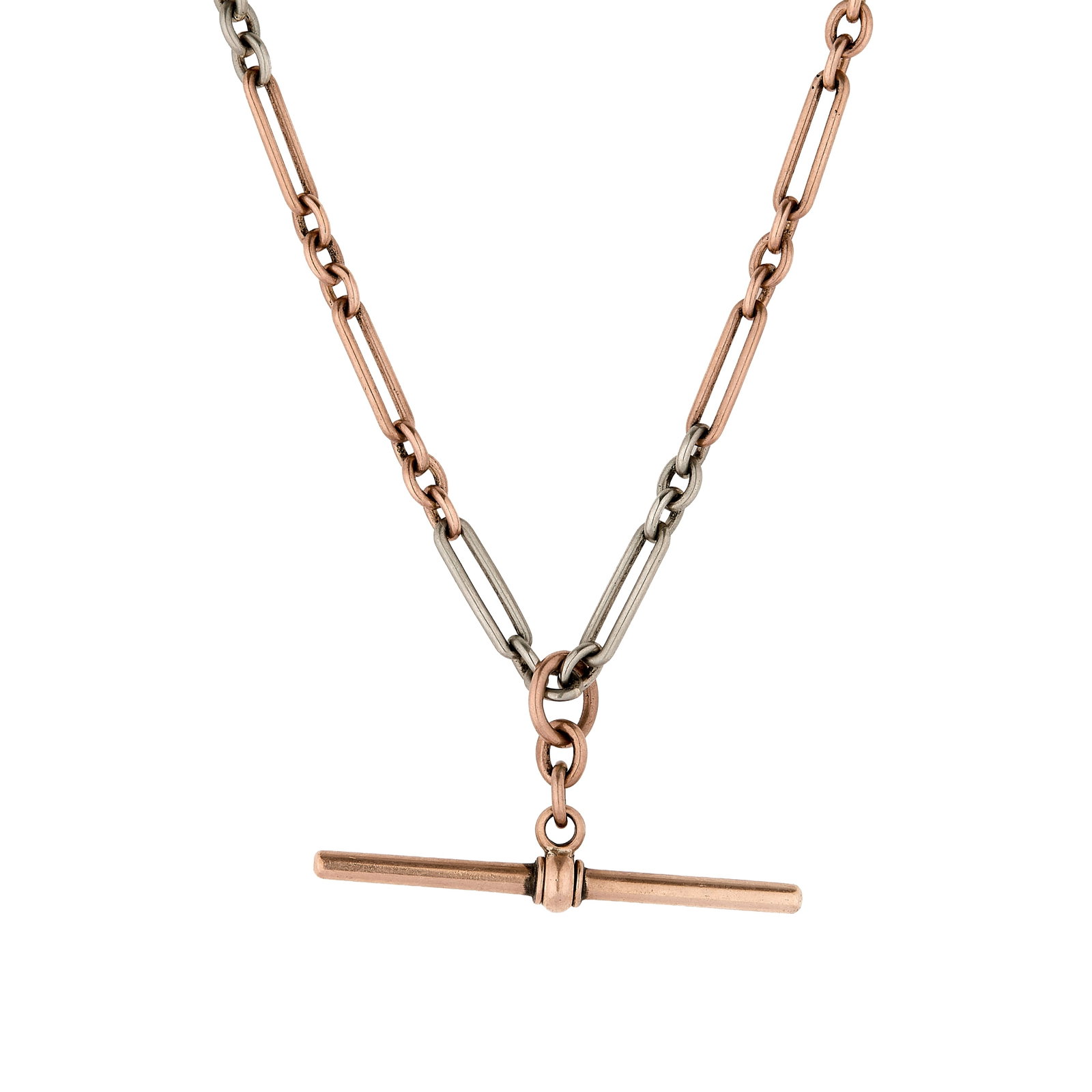 An Albert chain,: An Albert chain, composed of alternate white and rose paperclip style links with a swivel and bolt ring clasp and sliding T bar pendant, stamped 9C, tested as approximately 9ct gold and platinum
