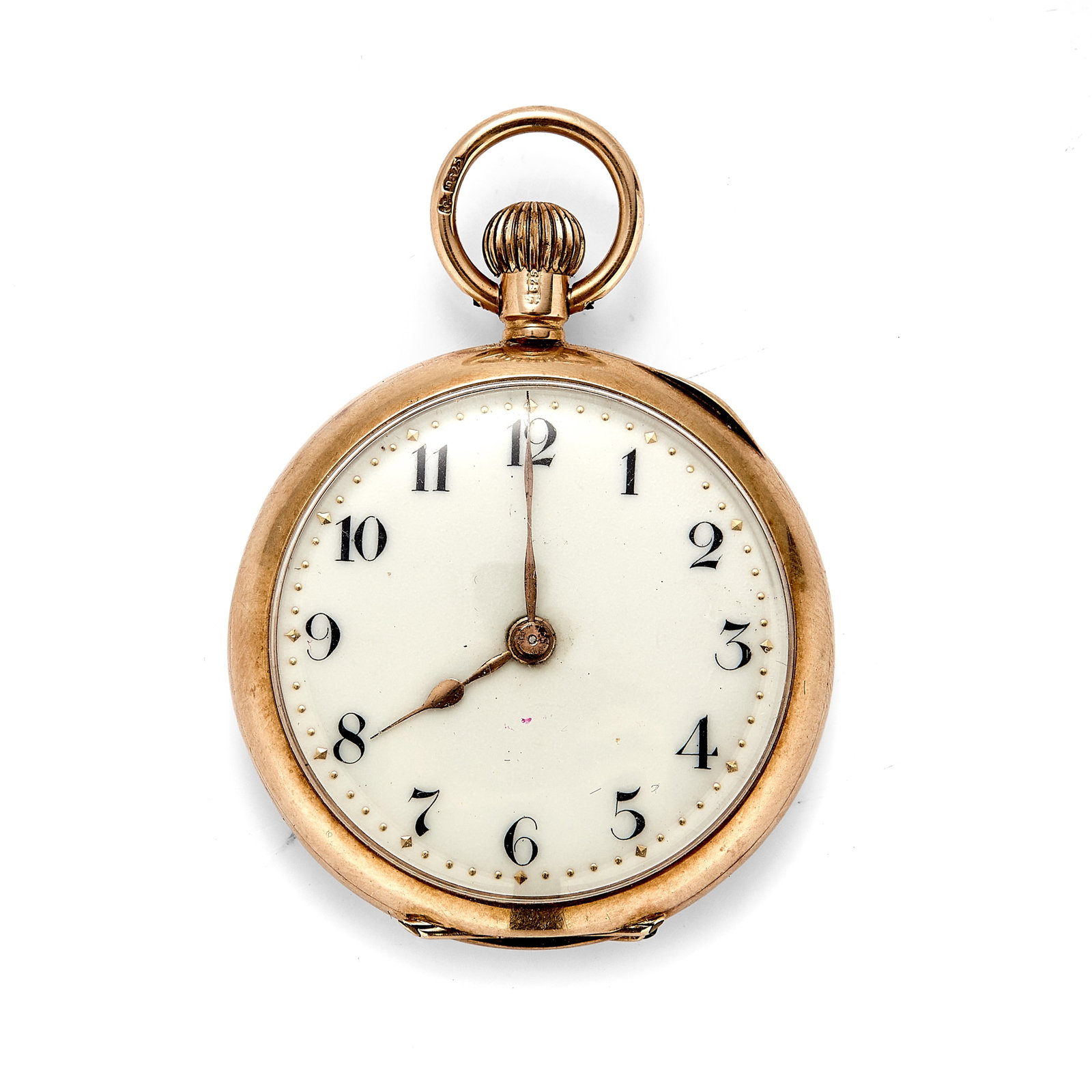 A 15ct gold fob watch,: A 15ct gold fob watch, white enamel dial with Arabic numerals, gilt outer minute track, spade hands, monogram engraving to case back, 15 jewel top wind Swiss movement marked DF&C, London import hallma