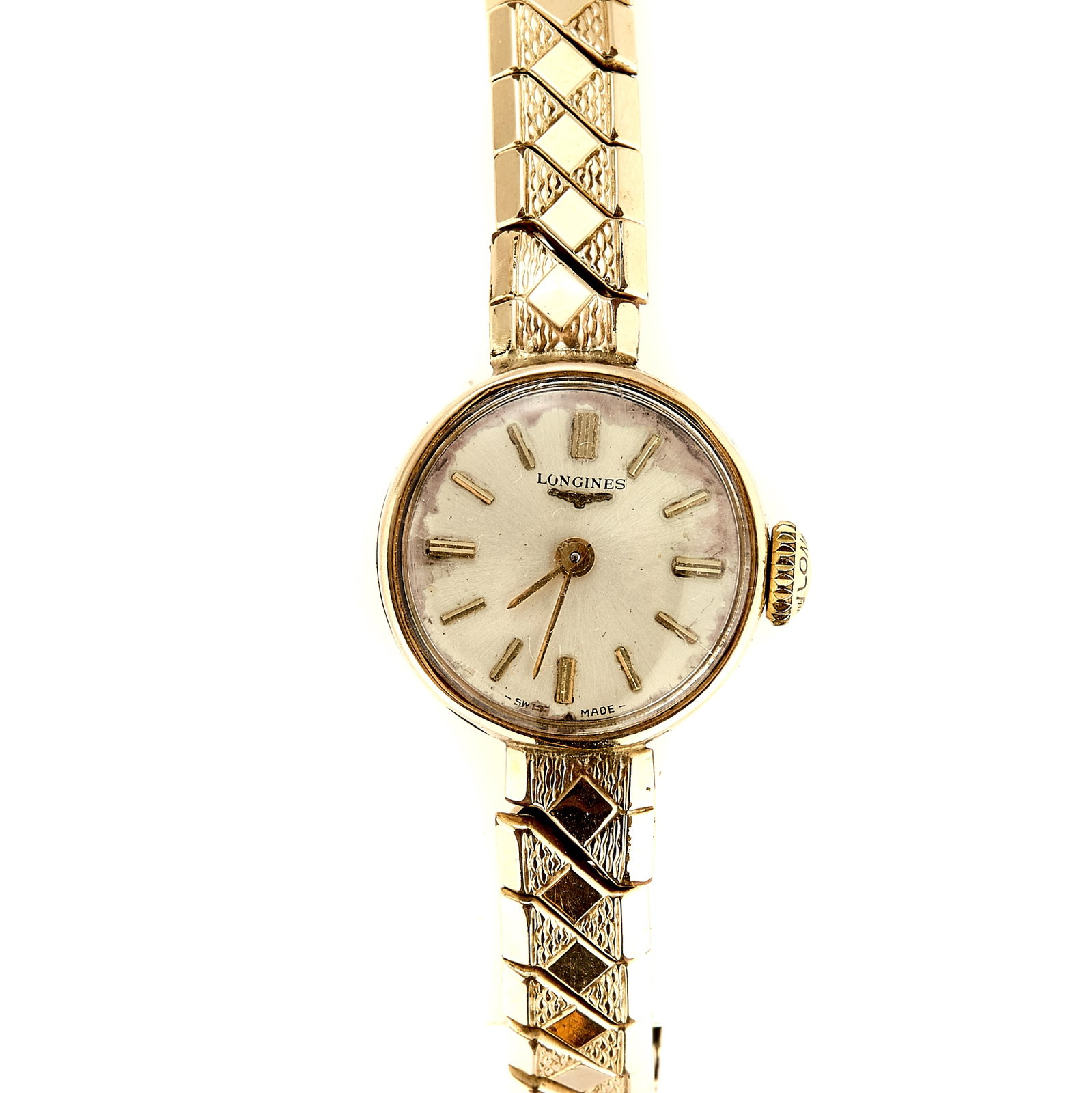 Longines, a ladies' 9ct gold Excalibur mechanical bracelet watch,: Longines, a ladies' 9ct gold Excalibur mechanical bracelet watch, circular case with silvered dial, applied gilt batons, original winding crown, case back marked 9K 0.375, London import hallmark 1960,