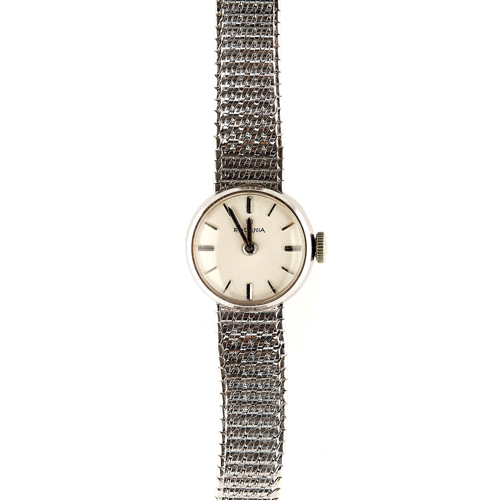 A 9ct white gold ladies' mechanical bracelet watch, circa 1970,: A 9ct white gold ladies' mechanical bracelet watch, circa 1970, circular case with a silvered dial signed Rodania, silvered hands and batons, case back with personal engraving, integrated Milanese bra