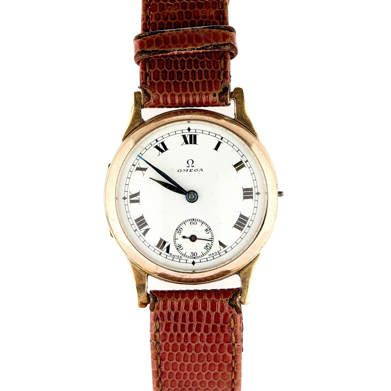Omega, a 9ct gold mechanical wristwatch,: Omega, a 9ct gold mechanical wristwatch, circular case, white enamel dial with Roman numerals, subsidiary seconds dial at 6, blued hands, winding crown deficient, Dennison case, marked A.L.D., hallmar
