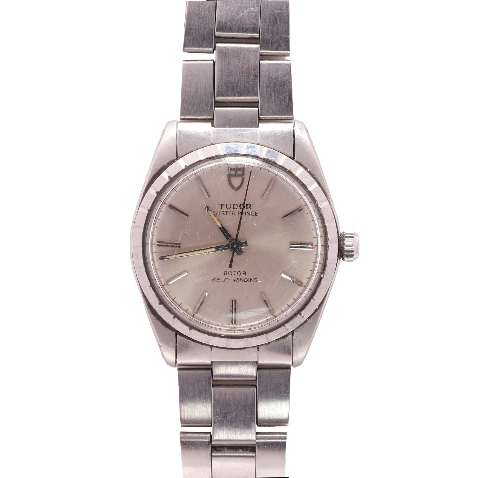 Tudor, a stainless steel Oyster Prince automatic bracelet watch,: Tudor, a stainless steel Oyster Prince automatic bracelet watch, stainless steel case with a silvered dial, applied silvered batons and hands, reeded bezel, Rolex winding crown, screw down case back s