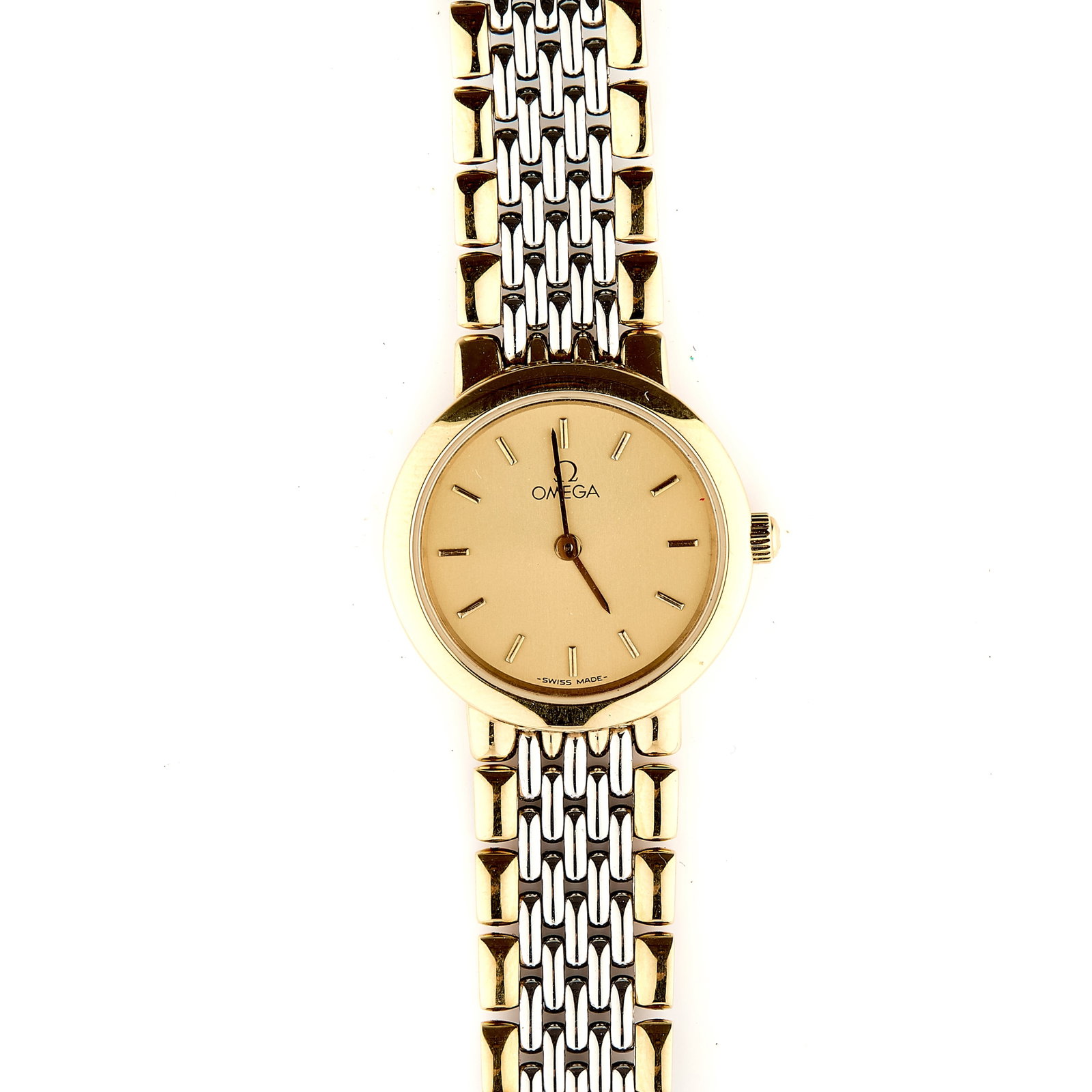 Omega, a ladies' bi-metal De Ville quartz bracelet watch,: Omega, a ladies' bi-metal De Ville quartz bracelet watch, with circular gold-plated case, champagne dial, applied gilt batons, gilt hands, stainless steel case back with De Ville embossed logo, integr