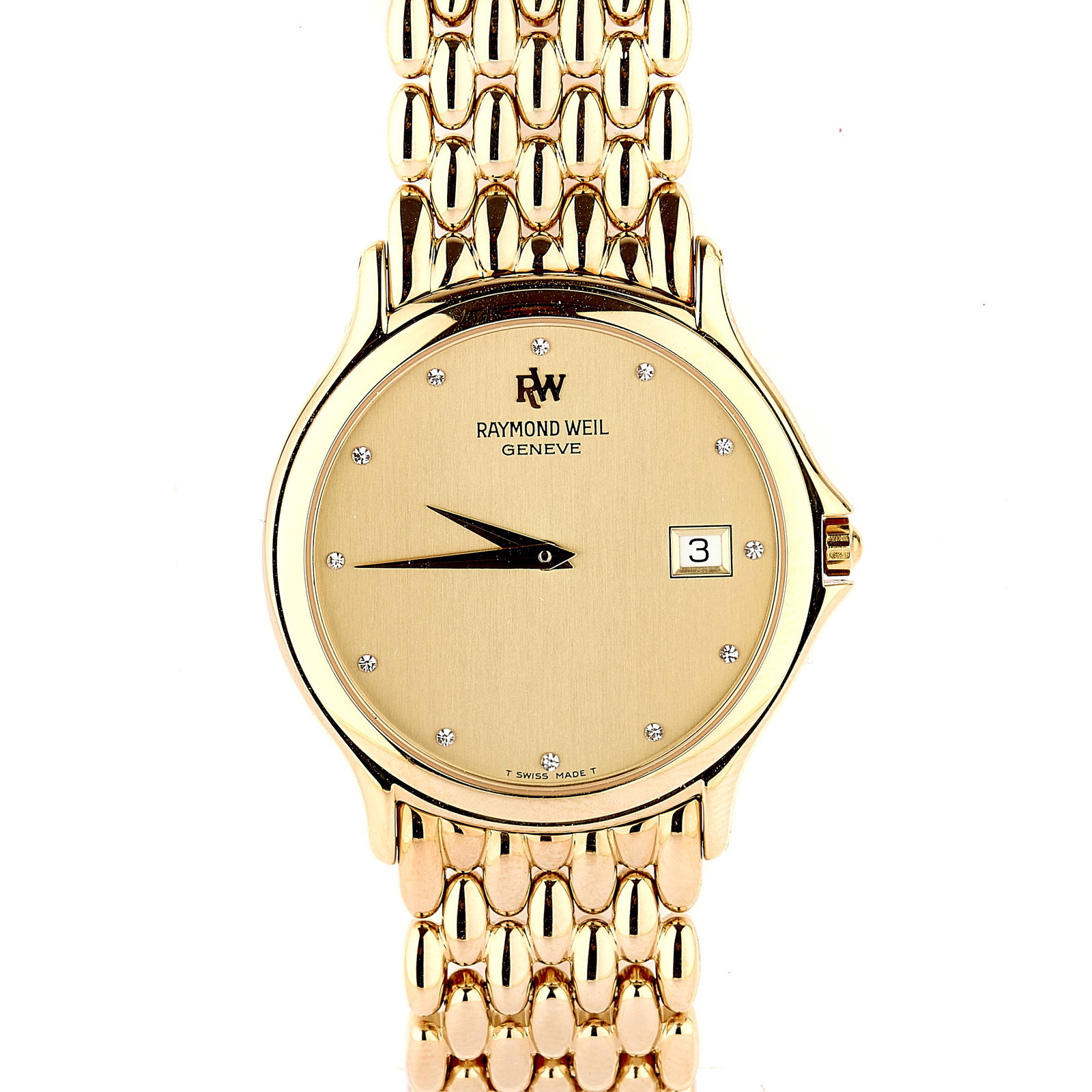 Raymond Weil, a gold plated quartz bracelet watch,: Raymond Weil, a gold plated quartz bracelet watch, reference 5568, circular gold-plated case with a champagne dial, single-cut diamond hour dots, date aperture at 3, gilt spade hands, no. Z 737747, in